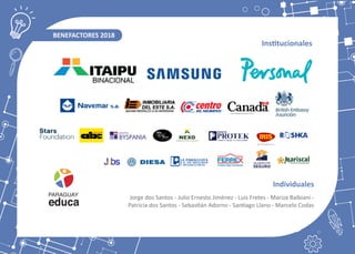 BENEFACTORES 2018
Ins�tucionales
Individuales
Jorge dos Santos - Julio Ernesto Jiménez - Luis Fretes - Mariza Balbiani -
Patricia dos Santos - Sebas�án Adorno - San�ago Llano - Marcelo Codas
 