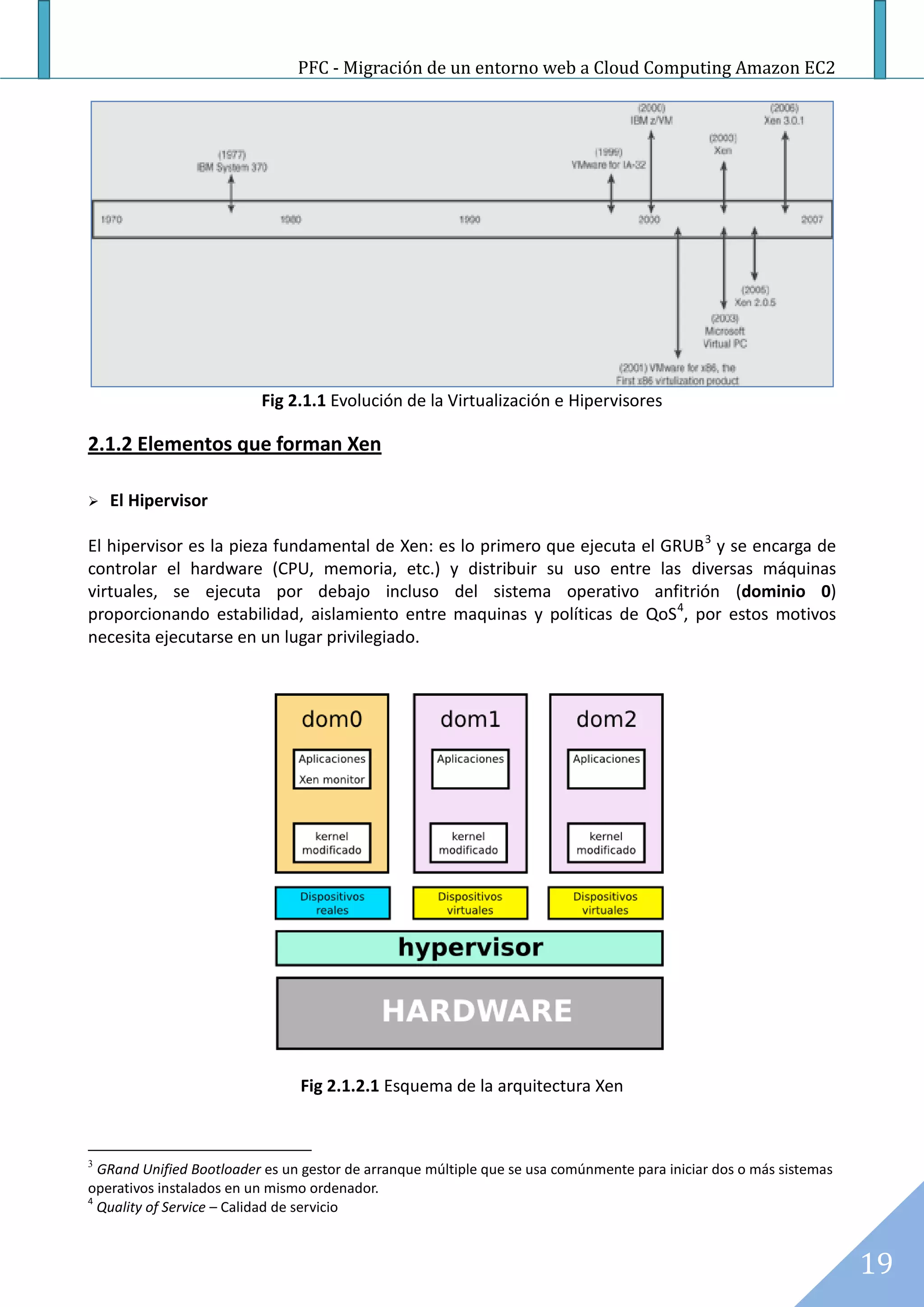 PFC - Migración de un entorno web a Cloud Computing Amazon EC2




                          Fig 2.1.1 Evolución de la Virtualización e Hipervisores

2.1.2 Elementos que forman Xen

   El Hipervisor

El hipervisor es la pieza fundamental de Xen: es lo primero que ejecuta el GRUB 3 y se encarga de
controlar el hardware (CPU, memoria, etc.) y distribuir su uso entre las diversas máquinas
virtuales, se ejecuta por debajo incluso del sistema operativo anfitrión (dominio 0)
proporcionando estabilidad, aislamiento entre maquinas y políticas de QoS 4, por estos motivos
necesita ejecutarse en un lugar privilegiado.




                                Fig 2.1.2.1 Esquema de la arquitectura Xen



3
  GRand Unified Bootloader es un gestor de arranque múltiple que se usa comúnmente para iniciar dos o más sistemas
operativos instalados en un mismo ordenador.
4
  Quality of Service – Calidad de servicio



                                                                                                                     19
 