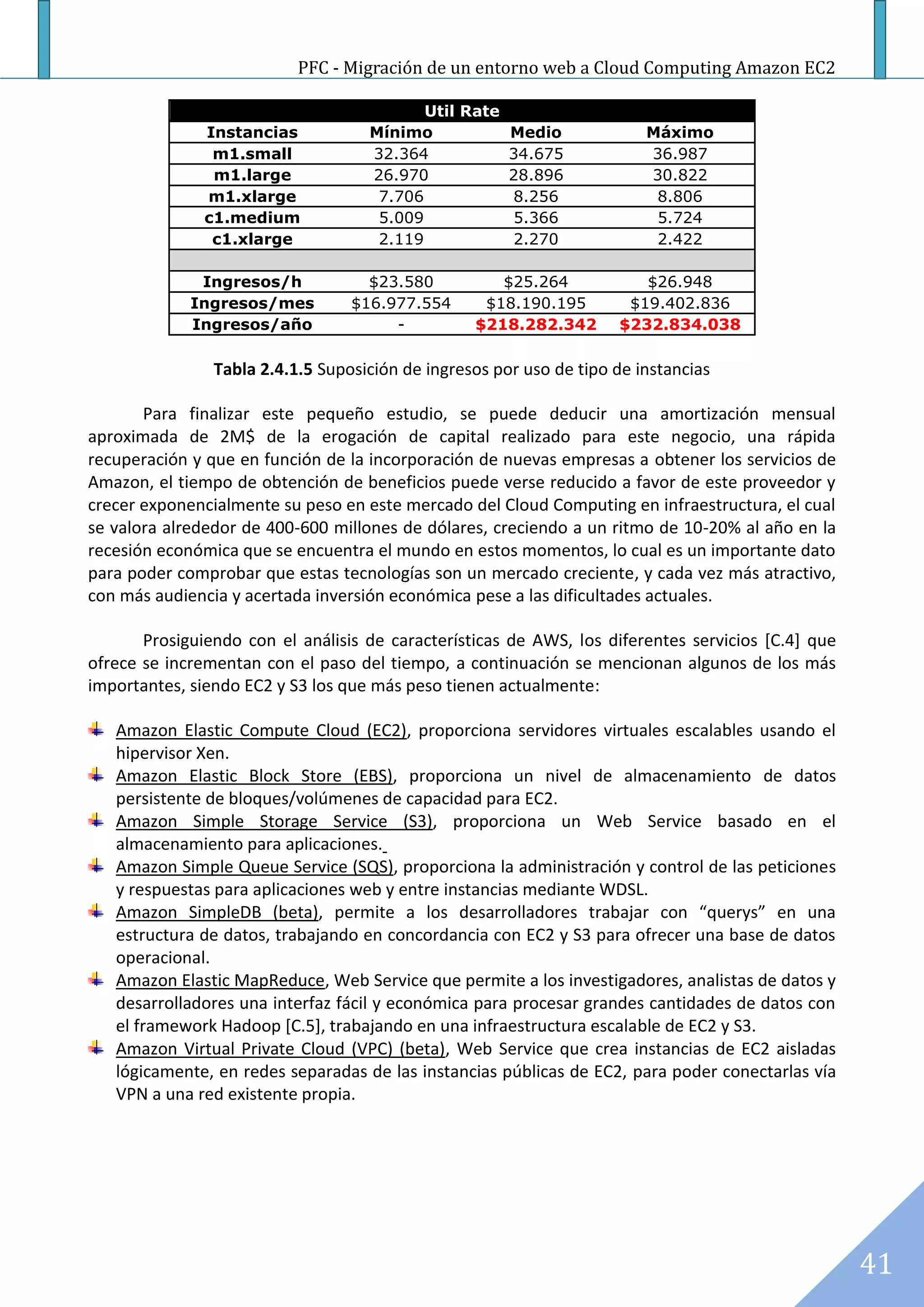 PFC - Migración de un entorno web a Cloud Computing Amazon EC2

                                           Util Rate
               Instancias           Mínimo           Medio               Máximo
                m1.small            32.364           34.675              36.987
                m1.large            26.970           28.896              30.822
               m1.xlarge             7.706           8.256                8.806
               c1.medium             5.009           5.366                5.724
                c1.xlarge            2.119           2.270                2.422

              Ingresos/h            $23.580          $25.264            $26.948
             Ingresos/mes         $16.977.554      $18.190.195        $19.402.836
             Ingresos/año              -          $218.282.342       $232.834.038

                Tabla 2.4.1.5 Suposición de ingresos por uso de tipo de instancias

       Para finalizar este pequeño estudio, se puede deducir una amortización mensual
aproximada de 2M$ de la erogación de capital realizado para este negocio, una rápida
recuperación y que en función de la incorporación de nuevas empresas a obtener los servicios de
Amazon, el tiempo de obtención de beneficios puede verse reducido a favor de este proveedor y
crecer exponencialmente su peso en este mercado del Cloud Computing en infraestructura, el cual
se valora alrededor de 400-600 millones de dólares, creciendo a un ritmo de 10-20% al año en la
recesión económica que se encuentra el mundo en estos momentos, lo cual es un importante dato
para poder comprobar que estas tecnologías son un mercado creciente, y cada vez más atractivo,
con más audiencia y acertada inversión económica pese a las dificultades actuales.

       Prosiguiendo con el análisis de características de AWS, los diferentes servicios [C.4] que
ofrece se incrementan con el paso del tiempo, a continuación se mencionan algunos de los más
importantes, siendo EC2 y S3 los que más peso tienen actualmente:

   Amazon Elastic Compute Cloud (EC2), proporciona servidores virtuales escalables usando el
   hipervisor Xen.
   Amazon Elastic Block Store (EBS), proporciona un nivel de almacenamiento de datos
   persistente de bloques/volúmenes de capacidad para EC2.
   Amazon Simple Storage Service (S3), proporciona un Web Service basado en el
   almacenamiento para aplicaciones.
   Amazon Simple Queue Service (SQS), proporciona la administración y control de las peticiones
   y respuestas para aplicaciones web y entre instancias mediante WDSL.
   Amazon SimpleDB (beta), permite a los desarrolladores trabajar con “querys” en una
   estructura de datos, trabajando en concordancia con EC2 y S3 para ofrecer una base de datos
   operacional.
   Amazon Elastic MapReduce, Web Service que permite a los investigadores, analistas de datos y
   desarrolladores una interfaz fácil y económica para procesar grandes cantidades de datos con
   el framework Hadoop [C.5], trabajando en una infraestructura escalable de EC2 y S3.
   Amazon Virtual Private Cloud (VPC) (beta), Web Service que crea instancias de EC2 aisladas
   lógicamente, en redes separadas de las instancias públicas de EC2, para poder conectarlas vía
   VPN a una red existente propia.




                                                                                                    41
 