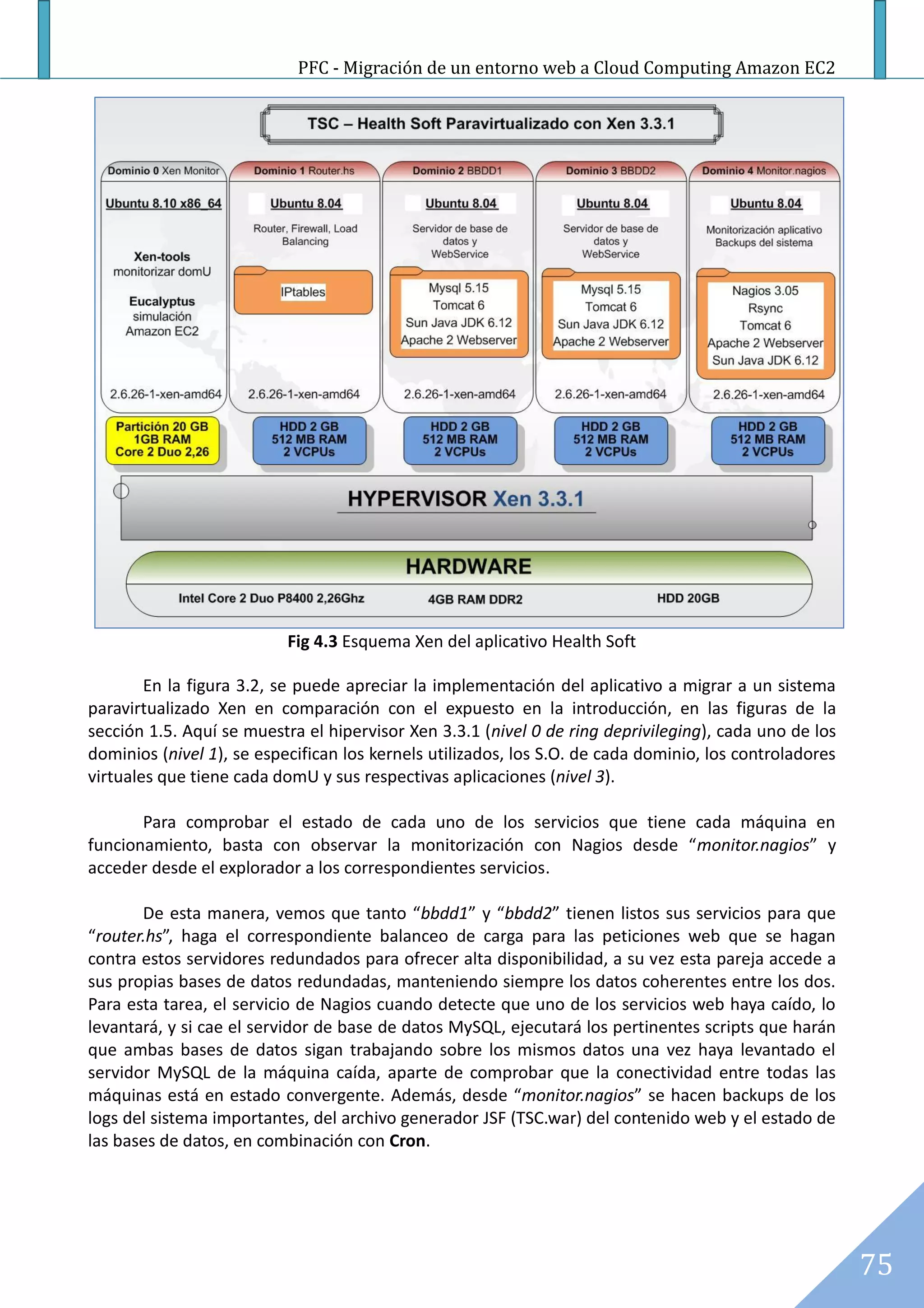 PFC - Migración de un entorno web a Cloud Computing Amazon EC2




                           Fig 4.3 Esquema Xen del aplicativo Health Soft

        En la figura 3.2, se puede apreciar la implementación del aplicativo a migrar a un sistema
paravirtualizado Xen en comparación con el expuesto en la introducción, en las figuras de la
sección 1.5. Aquí se muestra el hipervisor Xen 3.3.1 (nivel 0 de ring deprivileging), cada uno de los
dominios (nivel 1), se especifican los kernels utilizados, los S.O. de cada dominio, los controladores
virtuales que tiene cada domU y sus respectivas aplicaciones (nivel 3).

       Para comprobar el estado de cada uno de los servicios que tiene cada máquina en
funcionamiento, basta con observar la monitorización con Nagios desde “monitor.nagios” y
acceder desde el explorador a los correspondientes servicios.

       De esta manera, vemos que tanto “bbdd1” y “bbdd2” tienen listos sus servicios para que
“router.hs”, haga el correspondiente balanceo de carga para las peticiones web que se hagan
contra estos servidores redundados para ofrecer alta disponibilidad, a su vez esta pareja accede a
sus propias bases de datos redundadas, manteniendo siempre los datos coherentes entre los dos.
Para esta tarea, el servicio de Nagios cuando detecte que uno de los servicios web haya caído, lo
levantará, y si cae el servidor de base de datos MySQL, ejecutará los pertinentes scripts que harán
que ambas bases de datos sigan trabajando sobre los mismos datos una vez haya levantado el
servidor MySQL de la máquina caída, aparte de comprobar que la conectividad entre todas las
máquinas está en estado convergente. Además, desde “monitor.nagios” se hacen backups de los
logs del sistema importantes, del archivo generador JSF (TSC.war) del contenido web y el estado de
las bases de datos, en combinación con Cron.




                                                                                                         75
 