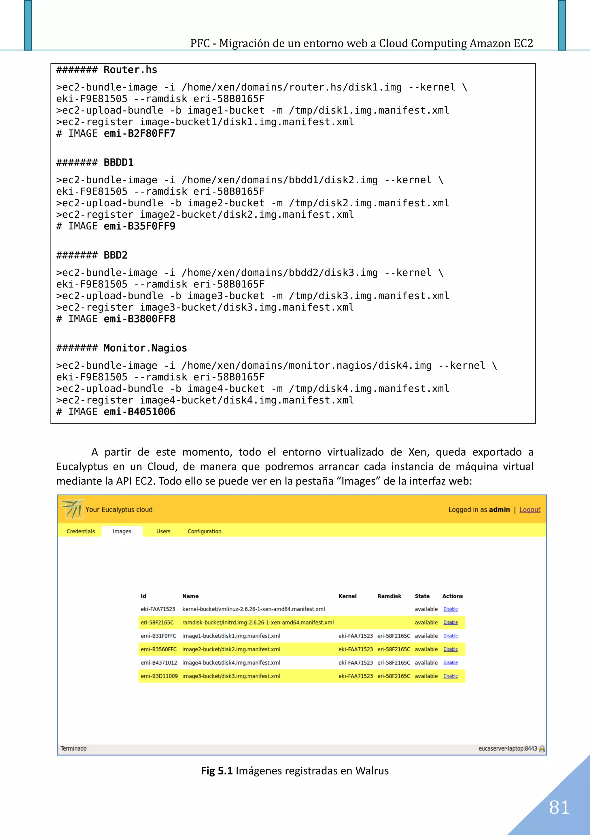 PFC - Migración de un entorno web a Cloud Computing Amazon EC2

####### Router.hs
>ec2-bundle-image -i /home/xen/domains/router.hs/disk1.img --kernel 
eki-F9E81505 --ramdisk eri-58B0165F
>ec2-upload-bundle -b image1-bucket -m /tmp/disk1.img.manifest.xml
>ec2-register image-bucket1/disk1.img.manifest.xml
# IMAGE emi-B2F80FF7

####### BBDD1
>ec2-bundle-image -i /home/xen/domains/bbdd1/disk2.img --kernel 
eki-F9E81505 --ramdisk eri-58B0165F
>ec2-upload-bundle -b image2-bucket -m /tmp/disk2.img.manifest.xml
>ec2-register image2-bucket/disk2.img.manifest.xml
# IMAGE emi-B35F0FF9

####### BBD2
>ec2-bundle-image -i /home/xen/domains/bbdd2/disk3.img --kernel 
eki-F9E81505 --ramdisk eri-58B0165F
>ec2-upload-bundle -b image3-bucket -m /tmp/disk3.img.manifest.xml
>ec2-register image3-bucket/disk3.img.manifest.xml
# IMAGE emi-B3800FF8

####### Monitor.Nagios
>ec2-bundle-image -i /home/xen/domains/monitor.nagios/disk4.img --kernel 
eki-F9E81505 --ramdisk eri-58B0165F
>ec2-upload-bundle -b image4-bucket -m /tmp/disk4.img.manifest.xml
>ec2-register image4-bucket/disk4.img.manifest.xml
# IMAGE emi-B4051006



       A partir de este momento, todo el entorno virtualizado de Xen, queda exportado a
Eucalyptus en un Cloud, de manera que podremos arrancar cada instancia de máquina virtual
mediante la API EC2. Todo ello se puede ver en la pestaña “Images” de la interfaz web:




                          Fig 5.1 Imágenes registradas en Walrus


                                                                                            81
 