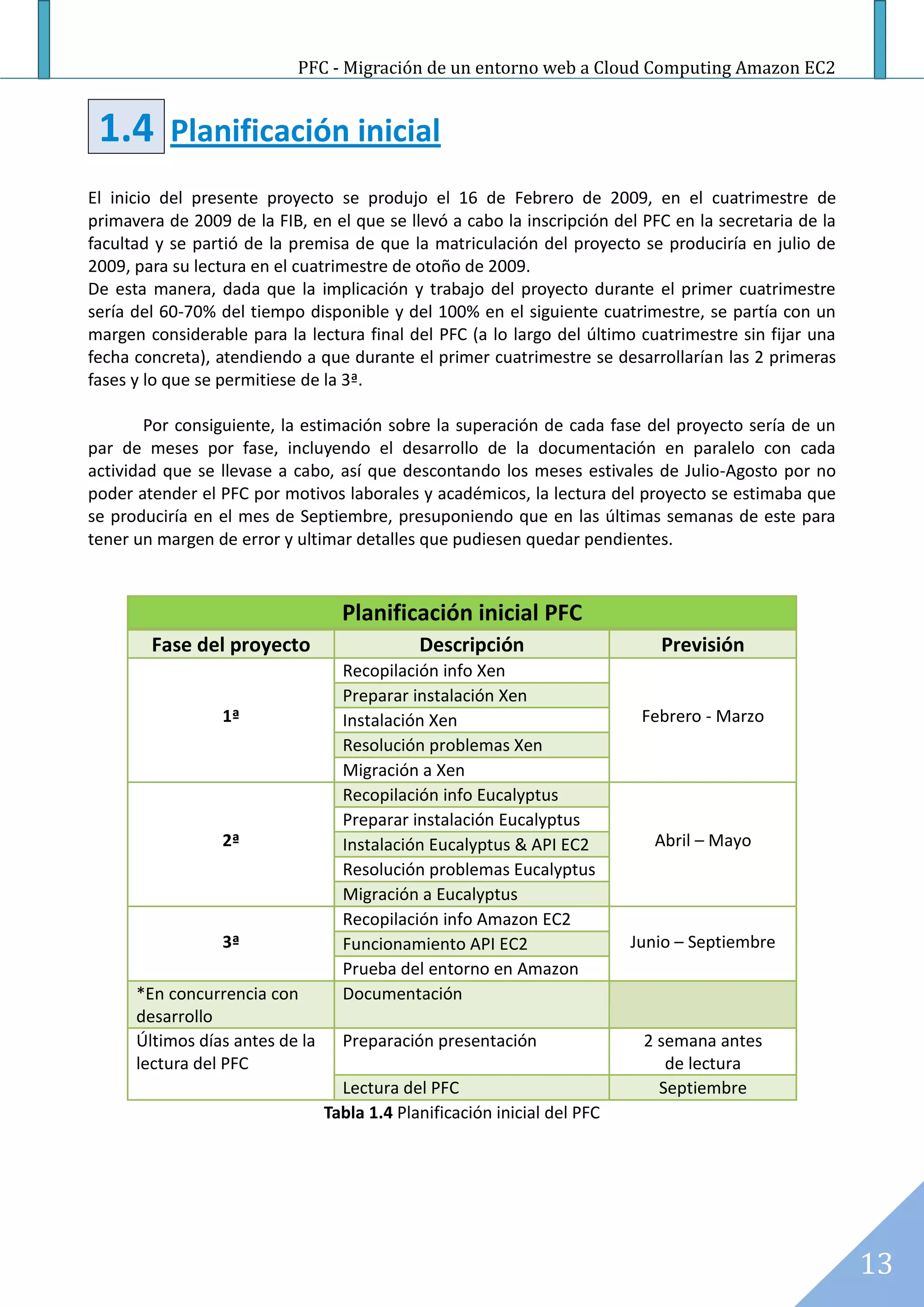 PFC - Migración de un entorno web a Cloud Computing Amazon EC2


 1.4       Planificación inicial
El inicio del presente proyecto se produjo el 16 de Febrero de 2009, en el cuatrimestre de
primavera de 2009 de la FIB, en el que se llevó a cabo la inscripción del PFC en la secretaria de la
facultad y se partió de la premisa de que la matriculación del proyecto se produciría en julio de
2009, para su lectura en el cuatrimestre de otoño de 2009.
De esta manera, dada que la implicación y trabajo del proyecto durante el primer cuatrimestre
sería del 60-70% del tiempo disponible y del 100% en el siguiente cuatrimestre, se partía con un
margen considerable para la lectura final del PFC (a lo largo del último cuatrimestre sin fijar una
fecha concreta), atendiendo a que durante el primer cuatrimestre se desarrollarían las 2 primeras
fases y lo que se permitiese de la 3ª.

        Por consiguiente, la estimación sobre la superación de cada fase del proyecto sería de un
par de meses por fase, incluyendo el desarrollo de la documentación en paralelo con cada
actividad que se llevase a cabo, así que descontando los meses estivales de Julio-Agosto por no
poder atender el PFC por motivos laborales y académicos, la lectura del proyecto se estimaba que
se produciría en el mes de Septiembre, presuponiendo que en las últimas semanas de este para
tener un margen de error y ultimar detalles que pudiesen quedar pendientes.



                                   Planificación inicial PFC
        Fase del proyecto                     Descripción                     Previsión
                                   Recopilación info Xen
                                   Preparar instalación Xen
                 1ª                Instalación Xen                          Febrero - Marzo
                                   Resolución problemas Xen
                                   Migración a Xen
                                   Recopilación info Eucalyptus
                                   Preparar instalación Eucalyptus
                 2ª                Instalación Eucalyptus & API EC2           Abril – Mayo
                                   Resolución problemas Eucalyptus
                                   Migración a Eucalyptus
                                   Recopilación info Amazon EC2
                 3ª                Funcionamiento API EC2                  Junio – Septiembre
                                   Prueba del entorno en Amazon
      *En concurrencia con         Documentación
      desarrollo
      Últimos días antes de la     Preparación presentación                 2 semana antes
      lectura del PFC                                                          de lectura
                                   Lectura del PFC                            Septiembre
                                 Tabla 1.4 Planificación inicial del PFC




                                                                                                       13
 