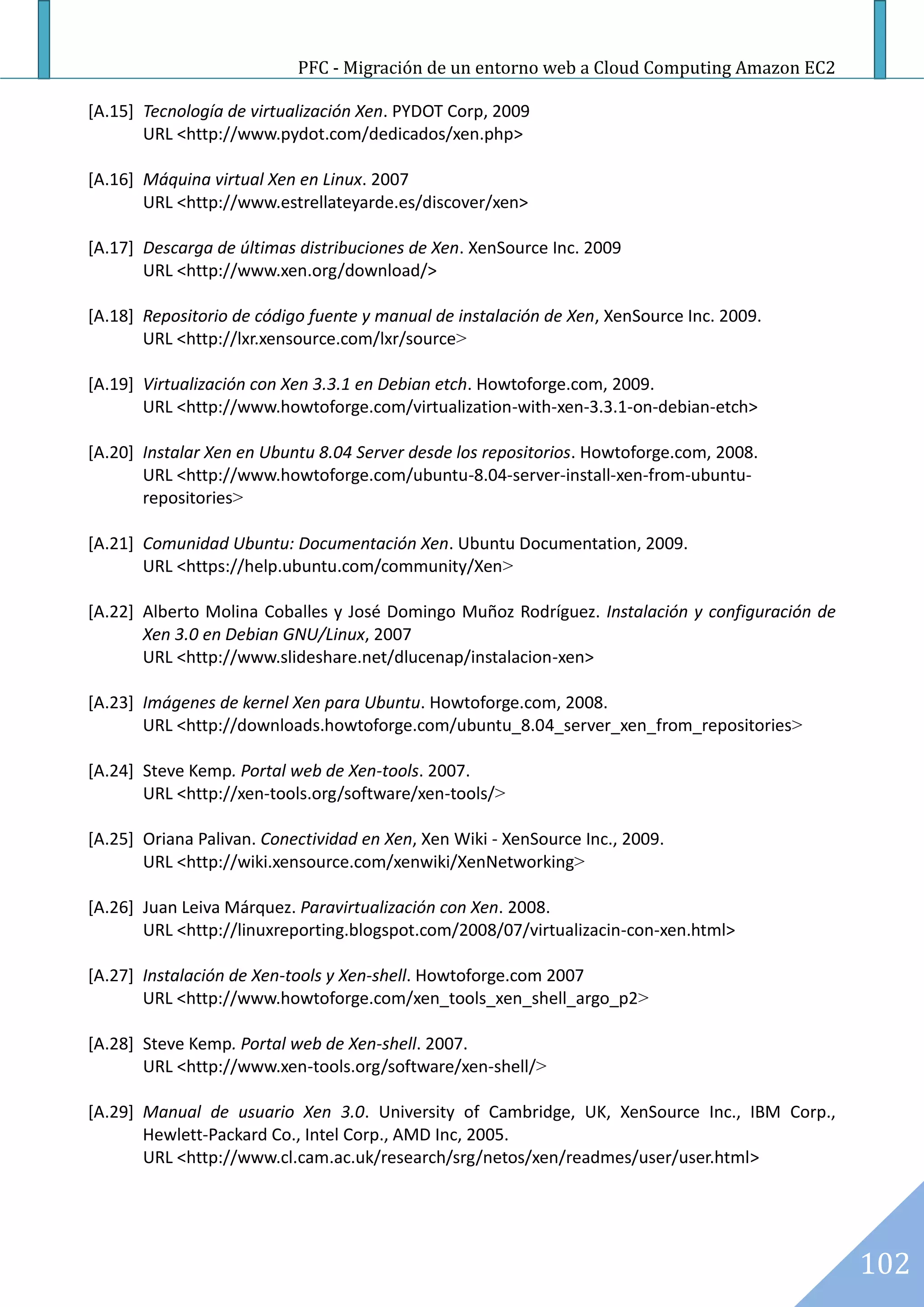 PFC - Migración de un entorno web a Cloud Computing Amazon EC2

[A.15] Tecnología de virtualización Xen. PYDOT Corp, 2009
       URL <http://www.pydot.com/dedicados/xen.php>

[A.16] Máquina virtual Xen en Linux. 2007
       URL <http://www.estrellateyarde.es/discover/xen>

[A.17] Descarga de últimas distribuciones de Xen. XenSource Inc. 2009
       URL <http://www.xen.org/download/>

[A.18] Repositorio de código fuente y manual de instalación de Xen, XenSource Inc. 2009.
       URL <http://lxr.xensource.com/lxr/source>

[A.19] Virtualización con Xen 3.3.1 en Debian etch. Howtoforge.com, 2009.
       URL <http://www.howtoforge.com/virtualization-with-xen-3.3.1-on-debian-etch>

[A.20] Instalar Xen en Ubuntu 8.04 Server desde los repositorios. Howtoforge.com, 2008.
       URL <http://www.howtoforge.com/ubuntu-8.04-server-install-xen-from-ubuntu-
       repositories>

[A.21] Comunidad Ubuntu: Documentación Xen. Ubuntu Documentation, 2009.
       URL <https://help.ubuntu.com/community/Xen>

[A.22] Alberto Molina Coballes y José Domingo Muñoz Rodríguez. Instalación y configuración de
       Xen 3.0 en Debian GNU/Linux, 2007
       URL <http://www.slideshare.net/dlucenap/instalacion-xen>

[A.23] Imágenes de kernel Xen para Ubuntu. Howtoforge.com, 2008.
       URL <http://downloads.howtoforge.com/ubuntu_8.04_server_xen_from_repositories>

[A.24] Steve Kemp. Portal web de Xen-tools. 2007.
       URL <http://xen-tools.org/software/xen-tools/>

[A.25] Oriana Palivan. Conectividad en Xen, Xen Wiki - XenSource Inc., 2009.
       URL <http://wiki.xensource.com/xenwiki/XenNetworking>

[A.26] Juan Leiva Márquez. Paravirtualización con Xen. 2008.
       URL <http://linuxreporting.blogspot.com/2008/07/virtualizacin-con-xen.html>

[A.27] Instalación de Xen-tools y Xen-shell. Howtoforge.com 2007
       URL <http://www.howtoforge.com/xen_tools_xen_shell_argo_p2>

[A.28] Steve Kemp. Portal web de Xen-shell. 2007.
       URL <http://www.xen-tools.org/software/xen-shell/>

[A.29] Manual de usuario Xen 3.0. University of Cambridge, UK, XenSource Inc., IBM Corp.,
       Hewlett-Packard Co., Intel Corp., AMD Inc, 2005.
       URL <http://www.cl.cam.ac.uk/research/srg/netos/xen/readmes/user/user.html>




                                                                                                102
 
