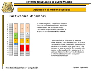 INSTITUTO TECNOLOGICO DE CIUDAD MADERO
Sistemas OperativosDepartamento de Sistemas y Computación
A A
F
A
B
C
D
C
E
C
E
Asignación de memoria contigua
Particiones dinámicas
0
1
2
3
4
5
6
7
8
9
10
11
12
13
14
El continuo ingreso y salida de los procesos
producen huecos en la memoria demasiado
pequeños para que un proceso pueda
colocarse. A este tipo de fragmentación se
le conoce como fragmentación externa.
La recuperación de los huecos de memoria
puede llevarse a cabo por medio de la técnica de
compactación donde los espacios disponibles de
memoria son colocados en la parte inferior y los
procesos en la parte superior. Sin embargo, este
proceso es demasiado lento y posiblemente no
justifique el consumo de recursos, debido a que
el sistema debe estar inactivo para poder
realizar la compactación.
 