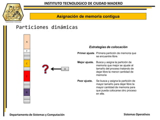 INSTITUTO TECNOLOGICO DE CIUDAD MADERO
Sistemas OperativosDepartamento de Sistemas y Computación
A
F
G
C
E
Asignación de memoria contigua
Particiones dinámicas
H
Estrategias de colocación
Primer ajuste. Primera partición de memoria que
se encuentre libre.
Mejor ajuste. Busca y asigna la partición de
memoria que mejor se ajuste al
tamaño del proceso tratando de
dejar libre la menor cantidad de
memoria
Peor ajuste. Se busca y asigna la partición de
mayor tamaño para dejar libre la
mayor cantidad de memoria para
que pueda colocarse otro proceso
en ella.
 