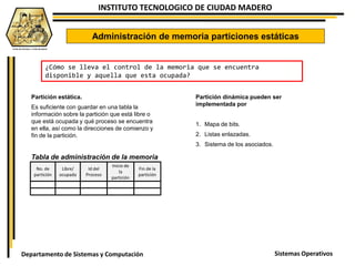 INSTITUTO TECNOLOGICO DE CIUDAD MADERO
Sistemas OperativosDepartamento de Sistemas y Computación
Administración de memoria particiones estáticas
Partición estática.
Es suficiente con guardar en una tabla la
información sobre la partición que está libre o
que está ocupada y qué proceso se encuentra
en ella, así como la direcciones de comienzo y
fin de la partición.
¿Cómo se lleva el control de la memoria que se encuentra
disponible y aquella que esta ocupada?
No. de
partición
Libre/
ocupada
Id del
Proceso
Inicio de
la
partición
Fin de la
partición
Tabla de administración de la memoria
Partición dinámica pueden ser
implementada por
1. Mapa de bits.
2. Listas enlazadas.
3. Sistema de los asociados.
 