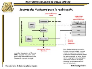 INSTITUTO TECNOLOGICO DE CIUDAD MADERO
Sistemas OperativosDepartamento de Sistemas y Computación
Bloque de control
de Proceso
Código
Datos
Pila
Dirección Relativa o
lógica
Sumador
Comparador
Registro
Base
Registro
Límite
Interrupción al Sistema
Operativo
Dirección
Absoluta,
física o real
Imagen de un
Proceso en
Memoria Principal
Soporte del Hardware para la reubicación.
AcumuladorMemoryManagementUnit
Para el intercambio de procesos
entre la memoria real y la memoria
virtual se requiere un mecanismo
que reubique los procesos sin perder
las referencias que se hacen dentro
de él. Los programas que emplean
direcciones relativas se cargan
mediante cargadores dinámicos
durante la ejecución.
La Unidad Manejadora de Memoria
(MMU) realiza la traducción de las
direcciones relativas en direcciones
físicas en la memoria principal.
 