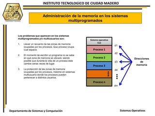 INSTITUTO TECNOLOGICO DE CIUDAD MADERO
Sistemas OperativosDepartamento de Sistemas y Computación
Administración de la memoria en los sistemas
multiprogramados
Sistema operativo
512
Proceso 1
Proceso 2
Proceso 3
Proceso n
d1
d2
d3
d4
dm
●●●
●●●
Los problemas que aparecen en los sistemas
multiprogramados y/o multiusuarios son:
1. Llevar un recuento de las zonas de memoria
ocupadas por los procesos. Que proceso ocupa
cual espacio
2. El momento de escribir un programa no se sabe
en qué zona de memoria se ubicará, siendo
posible que durante la vida de un proceso éste
cambie varias veces de lugar.
3. La protección de las zonas de memoria
ocupadas por los procesos, máxime en sistemas
multiusuario donde los procesos pueden
pertenecer a distintos usuarios.
Direcciones
de
memoria
 