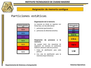 INSTITUTO TECNOLOGICO DE CIUDAD MADERO
Sistemas OperativosDepartamento de Sistemas y Computación
Asignación de memoria contigua
Sistema operativo
512
512 k
512 k
512 k
512 k
512 k
512 k
512 k
Particiones estáticas
Organización de la memoria:
La memoria se divide en regiones con
límites fijos, con dos alternativas:
1. particiones igual tamaño o
2. particiones de diferentes tamaños.
Sistema operativo
512
128 k
256 K
320 k
512 k
576 k
768 k
1 M
Asignación de procesos a la
memoria:
Se pueden tener dos esquemas de
asignación de memoria en particiones
estáticas utilizando colas de procesos:
1. Colas de planificación para cada
partición.
2. Una cola de planificación para la
memoria (mayor eficiencia)
 