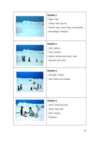 ESCENA 1.

- Espai: casa.

- Temps: fred i dia, nit.

- Família: pare, mare, Pingu i germà petit.

- Personatges: venedors.




ESCENA 2.

- Lèxic: globus.

- Verb: comprar.

- Colors: vermell, groc, blau i verd.

- Números: del 1 al 8.




ESCENA 3.

- Concepte: música.

- Verb: donar una moneda.




ESCENA 4.

- Lèxic: núvols de sucre.

- Colors: blau rosa.

- Verb: menjar.

- Possessiu.




                                              18
 