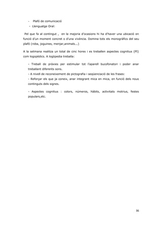-   Plafó de comunicació
    - Llenguatge Oral:

Pel que fa al contingut , en la majoria d’ocasions hi ha d’haver una ubicació en
funció d’un moment concret o d’una vivència. Domina tots els monogràfics del seu
plafó (roba, joguines, menjar,animals...)

A la setmana realitza un total de cinc hores i es treballen aspectes cognitius (PI)
com logopèdics. A logòpedia treballa:

   - Treball de pràxies per estimular tot l’aparell bucofonatori i poder anar
   treballant diferents sons.
   - A nivell de reconeixement de pictografia i seqüenciació de les frases:
   - Reforçar els que ja coneix, anar integrant mica en mica, en funció dels nous
   continguts dels signes.

   - Aspectes cognitius : colors, números, hàbits, activitats motrius, festes
   populars,etc.




                                                                                36
 