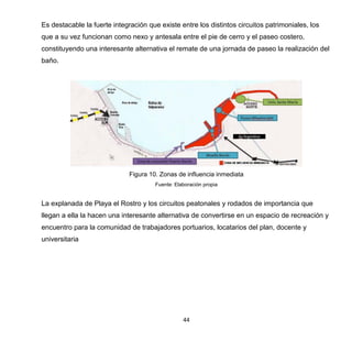 44
Es destacable la fuerte integración que existe entre los distintos circuitos patrimoniales, los
que a su vez funcionan como nexo y antesala entre el pie de cerro y el paseo costero,
constituyendo una interesante alternativa el remate de una jornada de paseo la realización del
baño.
Figura 10. Zonas de influencia inmediata
Fuente: Elaboración propia
La explanada de Playa el Rostro y los circuitos peatonales y rodados de importancia que
llegan a ella la hacen una interesante alternativa de convertirse en un espacio de recreación y
encuentro para la comunidad de trabajadores portuarios, locatarios del plan, docente y
universitaria
 