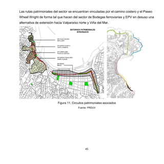 45
Las rutas patrimoniales del sector se encuentran vinculadas por el camino costero y el Paseo
Wheel Wright de forma tal que hacen del sector de Bodegas ferroviarias y EPV en desuso una
alternativa de extensión hacia Valparaíso norte y Viña del Mar.
Figura 11. Circuitos patrimoniales asociados
Fuente: PRDUV
 