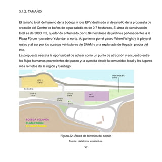 57
3.1.2. TAMAÑO
El tamaño total del terreno de la bodega y lote EPV destinado al desarrollo de la propuesta de
creación del Centro de baños de agua salada es de 0.7 hectáreas. El área de construcción
total es de 5000 m2, quedando enfrentado por 0.94 hectáreas de jardines pertenecientes a la
Plaza Fórum –paradero Yolanda- al norte. Al poniente por el paseo Wheel Wright y la playa el
rostro y al sur por los accesos vehiculares de SAAM y una explanada de llegada propia del
lote.
La propuesta rescata la oportunidad de actuar como un punto de atracción y encuentro entre
los flujos humanos provenientes del paseo y la avenida desde la comunidad local y los lugares
más remotos de la región y Santiago.
Figura 22. Áreas de terrenos del sector
Fuente: plataforma arquitectura
 