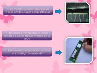 3. no tocarles sus chips integrados
o módulos los cuales están soldados

4. No poner otros Hardware como
lectoras o discos rígidos encima de la
RAM

5. Siempre usar un borrador de leche
para "desligar la memoria"

 