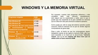 WINDOWS Y LA MEMORIA VIRTUAL
Programas cargados RAM
utilizada
Sólo Windows 95 21 MB
Sólo Windows 98 27 MB
Sólo Windows 98, tras varios meses
de funcionamiento y diversas
instalaciones de programas
35 MB
Windows 98, Microsoft Word 97
e Internet Explorer 4
46 MB
Windows 98 y AutoCAD 14 (con
un dibujo sencillo en 2D)
55 MB
Por supuesto, cuantos más programas utilicemos y más
complejos sean, más memoria necesitaremos;
esto seguro que no sorprenderá a nadie, pero lo que sí
puede que nos sorprenda es la gran cantidad de memoria
que se utiliza tan sólo para arrancar el sistema operativo.
Como puede ver, sólo la carga del sistema operativo puede
consumir TODA la memoria con la que se venden algunos
computadores de gama baja.
Pese a esto, el hecho es que los computadores siguen
trabajando cuando se les agota la memoria RAM, algo que
sería imposible si no fuera por la denominada "memoria
virtual", que no es sino espacio del disco duro que se
utiliza como si fuera memoria RAM.
 