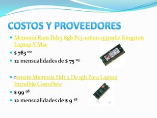  Memoria Ram Ddr3 8gb Pc3-10600 1333mhz Kingston
  Laptop Y Mac
 $ 783 00
 12 mensualidades de $ 75 03


 remate Memoria Ddr 3 De 1gb Para Laptop
  Increible CostoNew
 $ 99 98
 12 mensualidades de $ 9 58
 