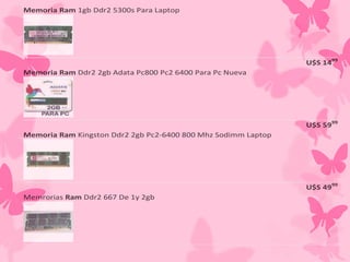 1. Memoria Ram 1gb Ddr2 5300s Para Laptop

U$S 1499
2. Memoria Ram Ddr2 2gb Adata Pc800 Pc2 6400 Para Pc Nueva

U$S 5999
3. Memoria Ram Kingston Ddr2 2gb Pc2-6400 800 Mhz Sodimm Laptop

U$S 4999
4. Memrorias Ram Ddr2 667 De 1y 2gb

 