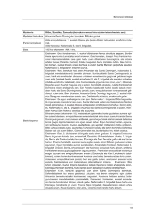 Memoriaren ibilbideak
109
Udalerria Bilbo, Sondika, Zamudio (borroka eremua hiru udalerrietara hedatu zen)
Gertakari historikoa Artxanda-Santo Domingoko borrokak, Bilboko gudua.
Parte-hartzaileak
Alde errepublikanoa: 1. euskal dibisioa eta beste dibisio batzuetako errefortzu inda-
rrak.
Alde frankista: Nafarroako 5. eta 6. brigadak.
Data 1937ko ekainaren 14tik 18ra.
Deskribapena
Ekainaren 13ko ilunabarrean, 1. euskal dibisioaren lerroa ahulduta zegoen, Burdin
Hesia apurtu eta Larrabetzu erori ondoren. Gau horretan, Joseph Putz frantziar ko-
ronel internazionalistak bere gain hartu zuen dibisioaren buruzagitza, eta ordura
arteko burua (Ricardo Gómez) Estatu Nagusiko buru izendatu zuten. Gau horre-
tan bertan, euskal tropek eraso bortitza jo zuten Santa Marinan gogortuta zeuden
Nafarroako 5. brigadaren indarren aurka.
Ekainaren 14an, borrokak hasi ziren Artxandan eta Santo Domingon, Nafarroako 5.
brigadak mendebalderantz berrekin zionean. Iturritxualdetik Santo Domingorantz jo
zuen, harik eta erretiradan zihoazen unitateen erresistentzia gogorrak geldiarazi egin
zuen arte (besteak beste, euskal armadaren 6. eta 7. brigadak eta aurreko orduetan
iritsitako errefortzu batailoiak). Aire bonbardaketa gogorrak izan ziren, eta 1. dibisioak
Begoñan zuen Kuartel Nagusia ere jo zuten. Sondikatik abiatuta, zutabe frankista bat
Dorreoira iristen ahalegindu zen, San Rokeko baselizatik hurbil; lubaki batzuk men-
dean hartu eta Santo Domingorantz jarraitu zuen, errepublikanoen kontraerasoek gel-
diarazi zuten arte. Bien bitartean, Artxanda-Santo Domingo inguruan, 2. euskal dibi-
sioa Ganguren menderatzen saiatu zen, Galdakaotik abiatuta, arrakastarik gabe.
Ekainaren 15a egun erabakigarria izan zen. Nafarroako 1. brigadak Bilbo hegoalde-
tik inguratzeko maniobra hasi zuen, Santa Marinatik jaitsiz eta Ibaizabal eta Nerbioi
ibaiak zeharkatuz, 2. euskal dibisioa arrapaladan erretiratzera behartuz. Beren alde-
tik, Nafarroako 5. eta 6. brigadek Artxanda eta Santo Domingorantz jo zuten, men-
dean hartuz San Rokeko baseliza eta auzunea.
Biharamunean (ekainaren 16), matxinatuek gainerako fronte guztietan aurrera egi-
ten zuten bitartean, errepublikanoen erresistentziak irmo iraun zuen Artxanda-Santo
Domingo inguruan, matxinatuen artilleriak, gerra hegazkinek eta blindatuek defentsa
lerroa gogor zigortu bazuten ere egun osoan zehar. Egun horretan bertan, egoera-
ren larritasuna ikusirik, Eusko Jaurlaritzak, goi agintari militarrekin bildu ondoren,
Bilbo uztea erabaki zuen. Jaurlaritza Turtziozen kokatu eta behin-behineko Defentsa
Batzar bat utzi zuen Bilbon, Gámir jeneralak eta Jaurlaritzako hiru kidek osatua.
Ekainaren 17an, 5. dibisioaren bi brigada sartu ziren guduan. 8. brigada Errota eta
Berriz inguruan kokatu zen, erreserbak Deustuko Unibertsitatean zituela; 1. briga-
da, Berriz eta Enekuri arteko lerroan, Elorriaga eta San Bernabe gailurrak ere barne
hartuz. Posizio horietatik, arerioari aurre egiten saiatu ziren Bilboko guduaren azken
egunetan. Egun horretako aurrez aurrekoetan, Artxandako frontean, Nafarroako 5.
brigadak Chacolí, Berriz, Artxandasarri eta Kasinoko posizioak hartu zituen, artilleria
frankistaren eraso gupidagabearen laguntzarekin. Frankisten erasoaldiak triskantza
eragin bazuen ere errepublikanoen artean (Gordexola eta Karl Liebknecht batai-
loietan), azken horien kontraerasoek Kasinoa une batez berreskuratzea lortu zuten.
Azkenean, errepublikanoek posizio hori ere galdu zuten, arerioaren erasoari ezin
eutsirik, hainbestekoa zen matxinatuen oldarraldiaren indarra. Ekainaren 18ko
lehen orduetan, Euzko Indarra batailoiko kideak Kasinora iristen ahalegindu ziren,
Elorriaga mendian barrena, huts egingo zuen posizioari eusteko ahaleginean.
Ekainaren 17an, bereziki gogorrak izan ziren Santo Domingoko borrokak.
Defendatzaileek lau eraso geldiarazi zituzten, eta beren ekarpena egin zioten
Artxanda berreskuratzeko kontraeraso nagusiari, Kasinora heltzen saiatuz bide-
gurutzearen mendebaldeko posizioetatik. Gainerako fronteetan, euskal armada-
ren lerroa hondoratuz zihoan, etenik gabe. Nafarroako 6. brigadak Asua hartu eta
Elorriaga mendirantz jo zuen; Frecce Nere brigadak itsasadarraren eskuin ertza
okupatu zuen, Asua ibairaino, eta Leioa, Desertu eta Erandio hartu zituen.
 