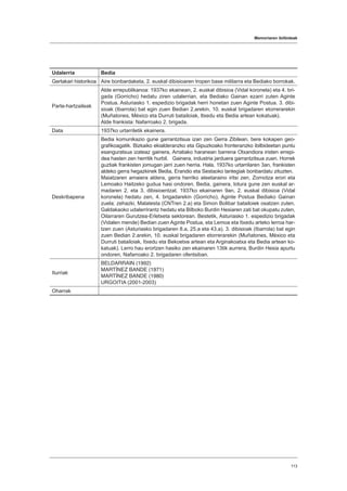 Memoriaren ibilbideak
113
Udalerria Bedia
Gertakari historikoa Aire bonbardaketa, 2. euskal dibisioaren tropen base militarra eta Bediako borrokak.
Parte-hartzaileak
Alde errepublikanoa: 1937ko ekainean, 2. euskal dibisioa (Vidal koronela) eta 4. bri-
gada (Gorricho) hedatu ziren udalerrian, eta Bediako Gainan ezarri zuten Aginte
Postua. Asturiasko 1. espedizio brigadak herri honetan zuen Aginte Postua. 3. dibi-
sioak (Ibarrola) bat egin zuen Bedian 2.arekin, 10. euskal brigadaren etorrerarekin
(Muñatones, México eta Durruti batailoiak, Itxedu eta Bedia artean kokatuak).
Alde frankista: Nafarroako 2. brigada.
Data 1937ko urtarriletik ekainera.
Deskribapena
Bedia komunikazio gune garrantzitsua izan zen Gerra Zibilean, bere kokapen geo-
grafikoagatik. Bizkaiko ekialderanzko eta Gipuzkoako fronteranzko ibilbideetan puntu
esanguratsua izateaz gainera, Arratiako haranean barrena Otxandiora iristen errepi-
dea hasten zen herritik hurbil. Gainera, industria jarduera garrantzitsua zuen. Horrek
guztiak frankisten jomugan jarri zuen herria. Hala, 1937ko urtarrilaren 3an, frankisten
aldeko gerra hegazkinek Bedia, Erandio eta Sestaoko lantegiak bonbardatu zituzten.
Maiatzaren amaiera aldera, gerra herriko ateetaraino iritsi zen, Zornotza erori eta
Lemoako Haitzeko gudua hasi ondoren. Bedia, gainera, lotura gune zen euskal ar-
madaren 2. eta 3. dibisioentzat. 1937ko ekainaren 9an, 2. euskal dibisioa (Vidal
koronela) hedatu zen, 4. brigadarekin (Gorricho), Aginte Postua Bediako Gainan
zuela; zehazki, Malatesta (CNTren 2.a) eta Simon Bolibar batailoiek osatzen zuten.
Galdakaoko udalerrirantz hedatu eta Bilboko Burdin Hesiaren zati bat okupatu zuten,
Oilarraren Gurutzea-Erletxeta sektorean. Bestetik, Asturiasko 1. espedizio brigadak
(Vidalen mende) Bedian zuen Aginte Postua, eta Lemoa eta Itxedu arteko lerroa har-
tzen zuen (Asturiasko brigadaren 8.a, 25.a eta 43.a). 3. dibisioak (Ibarrola) bat egin
zuen Bedian 2.arekin, 10. euskal brigadaren etorrerarekin (Muñatones, México eta
Durruti batailoiak, Itxedu eta Bekoetxe artean eta Arginakoatxa eta Bedia artean ko-
katuak). Lerro hau erortzen hasiko zen ekainaren 13tik aurrera, Burdin Hesia apurtu
ondoren, Nafarroako 2. brigadaren ofentsiban.
Iturriak
BELDARRAIN (1992)
MARTÍNEZ BANDE (1971)
MARTÍNEZ BANDE (1980)
URGOITIA (2001-2003)
Oharrak
 