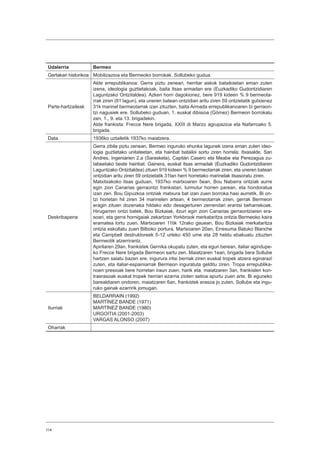 114
Udalerria Bermeo
Gertakari historikoa Mobilizazioa eta Bermeoko borrokak. Sollubeko gudua.
Parte-hartzaileak
Alde errepublikanoa: Gerra piztu zenean, herritar askok batailoietan eman zuten
izena, ideologia guztietakoak, baita itsas armadan ere (Euzkadiko Gudontzidiaren
Laguntzako Ontzitaldea). Azken horri dagokionez, bere 919 kideen % 9 bermeota-
rrak ziren (81 lagun), eta uneren batean ontzidian aritu ziren 59 ontzietatik gutxienez
31k marinel bermeotarrak izan zituzten, baita Armada errepublikanoaren bi gerraon-
tzi nagusiek ere. Sollubeko guduan, 1. euskal dibisioa (Gómez) Bermeon borrokatu
zen, 1., 9. eta 13. brigadekin.
Alde frankista: Frecce Nere brigada, XXIII di Marzo agrupazioa eta Nafarroako 5.
brigada.
Data 1936ko uztailetik 1937ko maiatzera.
Deskribapena
Gerra zibila piztu zenean, Bermeo inguruko ehunka lagunek izena eman zuten ideo-
logia guztietako unitateetan, eta hainbat batailoi sortu ziren horrela: Itxasalde, San
Andres, Ingeniarien 2.a (Sarasketa), Capitán Casero eta Meabe eta Perezagua zu-
tabeetako beste hainbat. Gainera, euskal itsas armadak (Euzkadiko Gudontzidiaren
Laguntzako Ontzitaldea) zituen 919 kideen % 9 bermeotarrak ziren, eta uneren batean
ontzidian aritu ziren 59 ontzietatik 31tan herri horretako marinelak itsasoratu ziren.
Matxitxakoko itsas guduan, 1937ko martxoaren 5ean, Bou Nabarra ontziak aurre
egin zion Canarias gerraontzi frankistari, lurmutur horren parean, eta hondoratua
izan zen. Bou Gipuzkoa ontziak matxura bat izan zuen borroka hasi aurretik. Bi on-
tzi horietan hil ziren 34 marinelen artean, 4 bermeotarrak ziren, gerrak Bermeon
eragin zituen dozenaka hildako edo desagerturen zerrendari erantsi beharrekoak.
Hirugarren ontzi batek, Bou Bizkaiak, itzuri egin zion Canarias gerraontziaren era-
soari, eta gerra hornigaiak zekartzan Yorkbrook merkataritza ontzia Bermeoko kaira
eramatea lortu zuen. Martxoaren 11tik 12rako gauean, Bou Bizkaiak merkataritza
ontzia eskoltatu zuen Bilboko portura. Martxoaren 20an, Erresuma Batuko Blanche
eta Campbell destruktoreek 5-12 urteko 450 ume eta 28 heldu ebakuatu zituzten
Bermeotik atzerrirantz.
Apirilaren 29an, frankistek Gernika okupatu zuten, eta egun berean, italiar agindupe-
ko Frecce Nere brigada Bermeon sartu zen. Maiatzaren 1ean, brigada bera Sollube
hartzen saiatu bazen ere, ingurura iritsi berriak ziren euskal tropek atzera eginarazi
zuten, eta italiar-espainiarrak Bermeon inguratuta gelditu ziren. Tropa errepublika-
noen presioak bere horretan iraun zuen, harik eta, maiatzaren 3an, frankisten kon-
traerasoak euskal tropek herriari ezarria zioten setioa apurtu zuen arte. Bi eguneko
barealdiaren ondoren, maiatzaren 6an, frankistek erasoa jo zuten, Sollube eta ingu-
ruko gainak ezarririk jomugan.
Iturriak
BELDARRAIN (1992)
MARTÍNEZ BANDE (1971)
MARTÍNEZ BANDE (1980)
URGOITIA (2001-2003)
VARGAS ALONSO (2007)
Oharrak
 