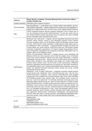 Memoriaren ibilbideak
119
Udalerria
Morga, Muxika, Larrabetzu, Zornotza (Bizkargi-Arburu eremua lau udalerri
hauetan banatzen da).
Gertakari historikoa Bizkargiko gudua, Bizkaiko kanpaina.
Parte-hartzaileak
Alde errepublikanoa: 1. euskal dibisioa, eta 2. dibisioko kideak, hego-ekialdeko eremuan.
Alde frankista: Nafarroako 1. brigada. Brigada horren posizioen ipar eta hegoaldean, 5.
brigada eta 2. brigada kokatu ziren, hurrenez hurren, eskuin hegala zaintzeko helburuaz.
Data
1937ko maiatzetik ekainera. Borroka nagusiak maiatzaren 9 eta 15 artean izan zi-
ren, eta ondorengo aurrez aurreko txikiek ekainaren 11ra arte iraun zuten; hain zu-
zen, Burdin Hesiaren aurkako operazioak hasi ziren egunera arte. Egun horretatik
aurrera, Bizkargiko azken posizioak eroriko ziren.
Deskribapena
Maiatzaren 9an, Nafarroako 1. brigadak, Gernika hegoaldeko Eperlanda eta Askari
tontorren artean kokatua, erasoa jo zuen Bizkargiko posizioen aurka; Gernika-
Zornotza errepidea atzean utzi eta Muxikako Ugarte eta Besangiz auzoak okupa-
tu zituen, 238 hil-zauritu izanik erasoaldian. Euskal-asturiar tropek atzera egin zu-
ten. Maiatzaren 10ean, iparraldean, 1. brigada Sollubetik Errigoitira iritsi berria zen
5.arekin elkartu zen; eraso eremuan, fronte lerroa ezarri zen, 266 kotaren (Ugarte-
Larrabetzu errepidearen iparraldean), 312 kotaren (Ugarte hego-ekialdean eta au-
rreko errepidearen hegoaldean) eta Zarragoikoa baserriaren (Bizkargiren ipar isu-
rialdean, gailur horren ekialdean) artean.
Hilaren 11ko egunsentian, Nafarroako 1. brigadak erasoa jo zuen ustekabean, eta
Bizkargi tontorra eta haren inguruko eremu zabal bat okupatu zituen. Erretiradan
abiatu ziren euskal armadaren indarrek aurre egin zioten Nafarroako 2. brigadari,
Zugastietako eremuko lerroan. Bizkargi, Arburu eta 466 kotaren (Gorozika iparral-
dean) arteko mendilerro osoa matxinatuen esku gelditu zen. Euskal tropek egun
horretan bertan erantzun zuten, eta bost aldiz jo zuten kontraerasoa, artilleriaren
laguntzaz, galdutakoa berreskuratzea lortu ez bazuten ere. Dena dela, mendilerroa-
ren hegoaldean gotortu ziren, orografia bereziagatik babesa eskaintzen zuen eremu
batean, eta distantzia laburretik erasotzeko aukera ematen zien horrek, arerioak
okupatutako lerroaren kontra.
Maiatzaren 12 eta 15 artean, Nafarroako 1. brigadaren posizioen aurkako kontrae-
rasoek jarraitu zuten. Maiatzaren 12an, sei kontraeraso izan ziren; 13an eta 14an,
hainbat kontraeraso; maiatzaren 15ean, azkenik, errepublikanoek azken ahalegin
nagusia egin zuten, goialdeko lerroa berreskuratzeko, egun osoan zehar (05:00eta-
tik 23:00etara) eginiko eraso ugariren bidez. Une horretatik aurrera, borroka txi-
kiak izan baziren ere (ekainaren 11n frankistek ofentsibari berrekingo zioten arte),
Bizkargiko egoera egonkortu egin zen. Egun horretan (ekainaren 11) Bilbo hartzeko
azken ofentsiba hasi zen, Urkuluko punta izanik lehen helburua, Bizkargi ipar-men-
debaldean. Urkulu zaintzen zuten asturiar tropek hil-zauritu ugari izan zituzten, eta
atzera egin behar izan zuten. Gauean, euskal armadaren bi erreserba brigadak (6.a
eta 12.a) presakako kontraerasoa jo zuten, Urkulu eta Bizkargiko gailurra berres-
kuratzen saiatzeko, Burdin Hesiaren aurkako frankisten behin betiko erasoa has-
tear zegoenean. Biharamunean, kontraerasoa indargabetuta, matxinatuek Burdin
Hesiaren aurka ekin zioten. Hurrengo egunetan, arerioa Bizkargi hegoaldetik kanpo-
ratua izan ondoren, bidea zabalik zuten tropa frankistek Bilborantz abiatzeko.
Iturriak
AZNAR (1961)
BELDARRAIN (1992)
HERRERA (1974)
MARTÍNEZ BANDE (1971)
URGOITIA BADIOLA (2001-2003)
Oharrak
 