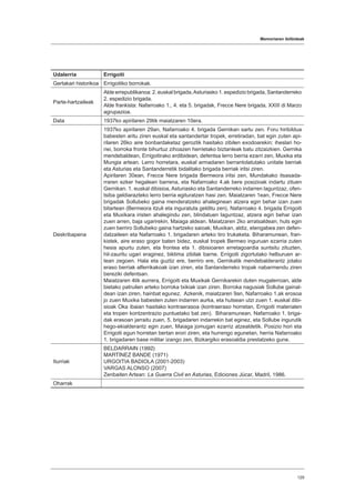 Memoriaren ibilbideak
129
Udalerria Errigoiti
Gertakari historikoa Errigoitiko borrokak.
Parte-hartzaileak
Alde errepublikanoa: 2. euskal brigada,Asturiasko 1. espedizio brigada, Santanderreko
2. espedizio brigada.
Alde frankista: Nafarroako 1., 4. eta 5. brigadak, Frecce Nere brigada, XXIII di Marzo
agrupazioa.
Data 1937ko apirilaren 29tik maiatzaren 10era.
Deskribapena
1937ko apirilaren 29an, Nafarroako 4. brigada Gernikan sartu zen. Foru hiribildua
babesten aritu ziren euskal eta santandertar tropek, erretiradan, bat egin zuten api-
rilaren 26ko aire bonbardaketaz geroztik hasitako zibilen exodoarekin; iheslari ho-
riei, borroka fronte bihurtuz zihoazen herrietako biztanleak batu zitzaizkien. Gernika
mendebaldean, Errigoitirako erdibidean, defentsa lerro berria ezarri zen, Muxika eta
Mungia artean. Lerro horretara, euskal armadaren berrantolatutako unitate berriak
eta Asturias eta Santanderretik bidalitako brigada berriak iritsi ziren.
Apirilaren 30ean, Frecce Nere brigada Bermeora iritsi zen, Mundakako itsasada-
rraren ezker hegalean barrena, eta Nafarroako 4.ak bere posizioak indartu zituen
Gernikan. 1. euskal dibisioa, Asturiasko eta Santanderreko indarren laguntzaz, ofen-
tsiba geldiarazteko lerro berria egituratzen hasi zen. Maiatzaren 1ean, Frecce Nere
brigadak Sollubeko gaina menderatzeko ahaleginean atzera egin behar izan zuen
bitartean (Bermeora itzuli eta inguratuta gelditu zen), Nafarroako 4. brigada Errigoiti
eta Muxikara iristen ahalegindu zen, blindatuen laguntzaz, atzera egin behar izan
zuen arren, baja ugarirekin, Maiaga aldean. Maiatzaren 2ko arratsaldean, huts egin
zuen berriro Sollubeko gaina hartzeko saioak; Muxikan, aldiz, etengabea zen defen-
datzaileen eta Nafarroako 1. brigadaren arteko tiro trukaketa. Biharamunean, fran-
kistek, aire eraso gogor baten bidez, euskal tropek Bermeo inguruan ezarria zuten
hesia apurtu zuten, eta frontea eta 1. dibisioaren erretagoardia suntsitu zituzten,
hil-zauritu ugari eraginez, biktima zibilak barne. Errigoiti zigortutako helburuen ar-
tean zegoen. Hala eta guztiz ere, berriro ere, Gernikatik mendebalderantz jotako
eraso berriak alferrikakoak izan ziren, eta Santanderreko tropak nabarmendu ziren
bereziki defentsan.
Maiatzaren 4tik aurrera, Errigoiti eta Muxikak Gernikarekin duten mugalerroan, alde
bietako patruilen arteko borroka txikiak izan ziren. Borroka nagusiak Sollube gainal-
dean izan ziren, hainbat egunez. Azkenik, maiatzaren 9an, Nafarroako 1.ak erosoa
jo zuen Muxika babesten zuten indarren aurka, eta hutsean utzi zuen 1. euskal dibi-
sioak Oka ibaian hasitako kontraerasoa (kontraeraso horretan, Errigoiti materialen
eta tropen kontzentrazio puntuetako bat zen). Biharamunean, Nafarroako 1. briga-
dak erasoan jarraitu zuen, 5. brigadaren indarrekin bat eginez, eta Sollube ingurutik
hego-ekialderantz egin zuen, Maiaga jomugan ezarriz atzealdetik. Posizio hori eta
Errigoiti egun horretan bertan erori ziren, eta hurrengo egunetan, herria Nafarroako
1. brigadaren base militar izango zen, Bizkargiko erasoaldia prestatzeko gune.
Iturriak
BELDARRAIN (1992)
MARTÍNEZ BANDE (1971)
URGOITIA BADIOLA (2001-2003)
VARGAS ALONSO (2007)
Zenbaiten Artean: La Guerra Civil en Asturias, Ediciones Júcar, Madril, 1986.
Oharrak
 