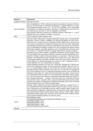 Memoriaren ibilbideak
147
Udalerria Balmaseda
Gertakari historikoa Kolitzako borrokak.
Parte-hartzaileak
Alde errepublikanoa: 1937ko ekainaren amaieran eta uztailaren hasieran, B dibisioa
aritu zen, Santanderreko 12. brigadarekin (Bizkaian, 2. brigada ibiltaria edo 2. espe-
dizio brigada ere deitzen zioten –101., 102. eta 122. batailoiak–), eta 2. gorputzeko
errefortzuak (133. batailoia). Uztailaren amaieran, 2. euskal dibisioa sartu zen borro-
kan, lehen lerroan aritu ziren 6. eta 12. brigadekin, eta 9.arekin.
Alde frankista: ekainaren amaieran eta uztailaren hasieran, Nafarroako 3., 4. eta 5.
brigadak aritu ziren; uztailaren amaieran, 3.a eta 6.a.
Data 1937ko ekainaren 29tik uztailaren 29ra.
Deskripzioa
Ekainaren 29an, Nafarroako 4. brigadak Balmaseda okupatu zuen, 5.ak hegoaldetik
lagunduta. Gainera, Garbea, Castillejos eta Sabugal gainaldeak ere hartu zituen;
biharamunean, La Nevera tontorra menderatu ondoren, Nafarroako 3.ak hartu zuen
haren lekua. Santanderreko unitateek kontraeraso sail bati ekin zioten, Balmaseda
mendebaldeko gainetan ezarririk jomuga, alferrikakoak izan baziren ere. Azkenean,
indar errepublikanoek Madrilgo frontean hasi zuten ofentsibak (Bruneteko gudua)
Nafarroako brigaden erasoaldia geldiarazi zuen. Errepublikanoek hil-zauritu ugari
izan zituzten; 12. brigadak, bereziki (2. brigada ibiltaria edo 2. espedizio brigada).
Bruneteko gudua amaitu bitartean, Iparraldeko Armadaren buruek operazio militar
sail bat antolatu zuten penintsula erdialdean ziharduen armada errepublikanoari la-
guntzeko. Ahalegin handiena Asturiasen egingo zen, abuztuaren 1etik aurrera. Bien
bitartean, berrantolatutako euskal armadak eraso mugatu bat jo zuen, Balmaseda
mehatxupean jartzeko, Asturiasko ofentsiba hasi baino egun batzuk lehenago. 2.
euskal dibisioa (49. dibisioa) arduratuko zen erasoaz, 6. eta 12. brigadekin; 9.a erre-
serban geldituko zen, zain, dibisiokideek zer egingo.
Euskal ofentsiba uztailaren 27an hasi zen, Castro Alen, Sabugal eta La Nevera gai-
lurrak izanik hasierako jomugak, eta aurrez aurrekoek uztailaren 29ra arte iraun zu-
ten. 12. euskal brigadak erasoa jo zuen Kolitza eta inguruko posizioen aurka, eta
frankistek jarritako alanbre hesiraino iritsi bazen ere, ez zuen hesi hori gainditzerik
izan. Porrot odoltsua izan zen. 6. brigadak iparralderago erasotu zuen, eta helburuak
betetzeko zorian egon zen. Haren kemenak laudorioak jaso zituen, Lamas Arroyo
buru frankistarenak barne; azken hori, bere behatokitik, ofentsibaren akatsez jabetu
zen, eta ez zuen ezer egin abian zen operazioaren bilakaera aldatu eta euskal tro-
pen sarraskia saihesteko. Iluntzean, 6.ak atzera egin zuen, dozenaka hil-zauritu
utziz alanbre hesian. Uztailaren 28an, euskal armadak Balmaseda hartzeko abian
jarritako eraso betean, Errepublikaren Erdialdeko Armadatik etorri berria zen Adolfo
Prada koronelak hartu zuen Vidal koronelaren lekua.
Guduak ondorio lazgarriak izan zituen alde bietako zibilentzat. Uztailaren 27an, in-
dar errepublikanoen aire bonbardaketa batek 6 lagun hil zituen (4 ume, horien ar-
tean), Balmaseda eta Pandozales auzoaren artean kokatuta zegoen bateria fran-
kista suntsitzeko ahaleginean. Militarrek beste herritar bat hil zuten, gazte batzuek
komunikazio kable batzuk mozteaz faltsuki salatu zutenean. Hilaren 29an, abiazio
frankistak triskantza eragin zuen Turtziozen, eta 21 lagun hil zituen, artilleria asenta-
mendu batzuk desegiten saiatzen ari zirenean, antza.
Iturriak
BELDARRAIN (1992)
ETXEBARRIA MIRONES eta ETXEBARRIA MIRONES (1993)
MARTÍNEZ BANDE (1971)
MARTÍNEZ BANDE (1972)
MARTÍNEZ BANDE (1980)
URGOITIA BADIOLA (2001-2003)
Oharrak
 