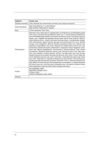 150
Udalerria Laukiz, Loiu
Gertakari historikoa Unbe, Mantuliz eta Lañomendiko borrokak, eta Laukizen okupazioa.
Parte-hartzaileak
Alde errepublikanoa: 5. euskal dibisioa.
Alde frankista: Nafarroako 6. brigada.
Data 1937ko ekainaren 14tik 15era.
Deskribapena
Ekainaren 14an, Nafarroako 6. brigadak Derio etaArtebakarra mendebaldeko gainak
hartu zituen, eta Artxanda iparralderantz abiatu zen. 5. euskal dibisioak (Beldarrain)
ipar-mendebalde/hego-ekialde noranzkoan kontraeraso gogor bat jotzeko baimena
eskatu zuen, hegaletik harrapatzeko Burdin Hesia apurtu zuten indarrak, Bilboren
azken defentsa lerroa –Enekuri eta Santo Domingo artean– menderatzeko ahalegi-
nean zihardutenak. Aginte Gorenak uko egin zion kontraeraso horri, eta 5. dibisioa
desegin zuen. Brigadetan, Bilboren defentsa sendotzera bidali zuen, Bilboko itsa-
sadarraren ezkerraldera, hain zuzen. Nolanahi ere, Beldarrainek aukera izan zuen
kontraeraso partzial bat jotzeko, Nafarroako 6. brigadaren eskuin hegalaren aurka,
haren atal nagusia hegoalderantz, Artxandarantz, zihoala baliaturik. Egun bereko
ilunabarrean, Ibaizabal batailoiak erasoa jo eta Lañomendi hartu zuen, baja asko-
rekin; bien bitartean, Unbetik abiatuta, UGTren 7.ak Mantulizen jarri zuen jomuga;
batailoi frankista bat ezustean harrapatu eta 80 preso hartu zituen. Fermín Galán eta
Irrintzi batailoien laguntza izan zuten. Azkenean, errepublikanoek atzera egin behar
izan zuten, Nafarroako 6. brigadak kontraerasoa jo eta ekainaren 15ko goizean gal-
dutako posizioak berreskuratu zituenean. Ekainaren 16an, 5. dibisioa erretiratzen ari
zela, Bilbora Erandion barrena eta itsasadarraren ezkerraldera, 6. brigada Sondikan
eta Asuan sartu zen, eta Unbe gaina menderatu zuen, bat eginez Laukizen Frecce
Nere brigadarekin (egun horretan bertan Areetara iritsi zena).
Iturriak
BELDARRAIN (1992)
MARTÍNEZ BANDE (1971)
STEER (1978)
URGOITIA BADIOLA (2001-2003)
Oharrak
 