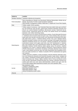 Memoriaren ibilbideak
153
Udalerria Lekeitio
Gertakari historikoa Lekeitioko defentsa eta okupazioa.
Parte-hartzaileak
Alde errepublikanoa: Bizkaiko eta Gipuzkoako Defentsa Batzarretako miliziak eta ba-
tailoiak; Gipuzkoako Fronteko euskal armadaren batailoiak.
Alde frankista: Iruretagoyena zutabea, Nafarroako 2. brigada eta Frecce Nere brigada.
Data 1936ko irailetik 1937ko apirilera.
Deskribapena
1936ko irailaren hondarrean, indar frankistak Deba ibaia alderik alde igaro eta Mutri-
kun eta Ondarroan sartu eta gero, gobernuaren hedatzea babesteko aitzineko herri
bihurtu zen Lekeitio Bizkaiko kostaldean. Berriatuaren aurrean, Kalamendi eta As-
terrika aurrean, egonkortuta geratu zen frontea, eta Lekeitio bihurtu zen kostaldea
babesten zuten osteen lehenengo basea.
Garrantzitsua izan zen indarren kontzentrazioa Lekeition. EuskoAbertzale Ekintzaren
1. batailoiak antza konpainia bakar bat igorri zuen, baina Lekeition bildu ziren borro-
ketan parte hartu eta gero ordurako bertan ziren Gipuzkoako eta Bizkaiko EAE alder-
diko talde batzuk, gerora 1. batailoira bilduko zirenak, hain zuzen. Batailoia bilduta,
Zubietako jauregian instalatu zuen bere kuartela, geroago Urberuagako Bainuetxean
(Markina) antolatuko bazuen ere. Era berean, Lekeition kuarteleratu zen Asterrikan
matxinatuen erasoari aurre egiten parte hartu zuen UGT sindikatuaren 2. batailoia.
Eta urrian bertatik igaro ziren Santanderreko batailoi bat, Malumbres izenekoa, eta
Baracaldo batailoia, handik Kalamua aldera egingo zuena. Era berean, Lekeition
kuarteleratu zen Cultura y Deporte batailoia Federación Cultural Deportiva Obrera
(FCDO) federazioaren (Juventudes Socialistas Unificadas elkarteari lotua) konpai-
niekin, baina batailoi horrek leku egin zien baita Gipuzkoatik ihesi kostaldean borro-
katu ziren talde anarkistei ere. Halaber, Euskadiko CNTren batailoietako bat egokitu
zen Lekeition.
1936ko azaroaren erdialdera, euskal armadaren indarrak bederatzi sektoretan bana-
tzen ziren Kantauriko itsasoaren eta Santander-Burgosko mugen artean, horietako bat
zen Lekeitio. Gorabehera handirik gabeko egoeran bizi izan zen frontea 1937ko api-
rilaren hondarrera arte. Orduan, Elgeta, Intxortak, Elorrio, Ermua eta Eibarrek amore
eman eta gero Gipuzkoako fronteak etsi behar izan zuenean, azkeneko herriaren ipa-
rraldera egin behar izan zuten atzera defendatzaileek. Lekeitio hustu egin zuten eta
Frecce Nere brigada italiar-espainiarrak okupatu zuen herria apirilaren 28an.
Iturriak
BELDARRAIN (1992)
JUARISTI LARRINAGA (2008)
MARTÍNEZ BANDE (1971)
MARTÍNEZ BANDE (1980)
URGOITIA BADIOLA (2001-2003)
Oharrak
 