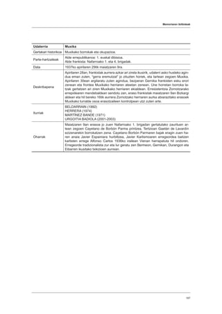 Memoriaren ibilbideak
167
Udalerria Muxika
Gertakari historikoa Muxikako borrokak eta okupazioa.
Parte-hartzaileak
Alde errepublikanoa: 1. euskal dibisioa.
Alde frankista: Nafarroako 1. eta 4. brigadak.
Data 1937ko apirilaren 29tik maiatzaren 9ra.
Deskribapena
Apirilaren 28an, frankistak aurrera azkar ari zirela ikusirik, udalerri asko husteko agin-
dua eman zuten, “gerra eremutzat” jo zituzten horiek, eta tartean zegoen Muxika.
Apirilaren 30ean argitaratu zuten agindua, bezperan Gernika frankisten esku erori
zenean eta frontea Muxikako herriaren ateetan zenean. Une horretan borroka la-
tzak gertatzen ari ziren Muxikako herriaren ekialdean. Erresistentzia Zornotzarako
errepidearen mendebaldean sendotu zen, eraso frankistak maiatzaren 9an Bizkargi
aldean eta hil bereko 16tik aurrera Zornotzako herriaren aurka abiarazitako erasoek
Muxikako lurralde osoa erasotzaileen kontrolpean utzi zuten arte.
Iturriak
BELDARRAIN (1992)
HERRERA (1974)
MARTÍNEZ BANDE (1971)
URGOITIA BADIOLA (2001-2003)
Oharrak
Maiatzaren 9an erasoa jo zuen Nafarroako 1. brigadan gertatutako zaurituen ar-
tean zegoen Cayetano de Borbón Parma printzea, Tertzioan Gaetán de Lavardín
ezizenarekin borrokatzen zena. Cayetano Borbón Parmaren bajak eragin zuen ha-
ren anaia Javier Espainiara hurbiltzea, Javier Karlismoaren erregeordea baitzen
karlisten errege Alfonso Carlos 1936ko irailean Vienan harrapatuta hil ondoren.
Erregeorde tradizionalista zur eta lur geratu zen Bermeon, Gernikan, Durangon eta
Eibarren ikusitako txikizioen aurrean.
 