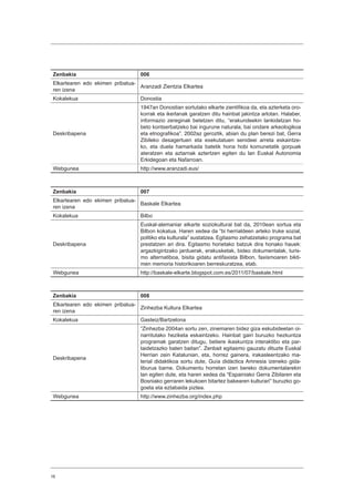 16
Zenbakia 006
Elkartearen edo ekimen pribatua-
ren izena
Aranzadi Zientzia Elkartea
Kokalekua Donostia
Deskribapena
1947an Donostian sortutako elkarte zientifikoa da, eta azterketa oro-
korrak eta ikerlanak garatzen ditu hainbat jakintza arlotan. Halaber,
informazio zereginak betetzen ditu, “erakundeekin lankidetzan ho-
beto kontserbatzeko bai ingurune naturala, bai ondare arkeologikoa
eta etnografikoa”. 2002az geroztik, abian du plan berezi bat, Gerra
Zibileko desagertuen eta exekutatuen senideei arreta eskaintze-
ko, eta duela hamarkada batetik hona hobi komunetatik gorpuak
ateratzen eta aztarnak aztertzen egiten du lan Euskal Autonomia
Erkidegoan eta Nafarroan.
Webgunea http://www.aranzadi.eus/
Zenbakia 007
Elkartearen edo ekimen pribatua-
ren izena
Baskale Elkartea
Kokalekua Bilbo
Deskribapena
Euskal-alemaniar elkarte soziokultural bat da, 2010ean sortua eta
Bilbon kokatua. Haren xedea da “bi herrialdeen arteko truke sozial,
politiko eta kulturala” sustatzea. Egitasmo zehatzetako programa bat
prestatzen ari dira. Egitasmo horietako batzuk dira honako hauek:
argazkigintzako jarduerak, erakusketak, bideo dokumentalak, turis-
mo alternatiboa, bisita gidatu antifaxista Bilbon, faxismoaren bikti-
men memoria historikoaren berreskuratzea, etab.
Webgunea http://baskale-elkarte.blogspot.com.es/2011/07/baskale.html
Zenbakia 008
Elkartearen edo ekimen pribatua-
ren izena
Zinhezba Kultura Elkartea
Kokalekua Gasteiz/Bartzelona
Deskribapena
“Zinhezba 2004an sortu zen, zinemaren bidez giza eskubideetan oi-
narritutako heziketa eskaintzeko. Hainbat gairi buruzko hezkuntza
programak garatzen ditugu, betiere ikaskuntza interaktibo eta par-
taidetzazko baten baitan”. Zenbait egitasmo gauzatu dituzte Euskal
Herrian zein Katalunian, eta, horrez gainera, irakasleentzako ma-
terial didaktikoa sortu dute, Guía didáctica Amnesia izeneko gida-
liburua barne. Dokumentu horretan izen bereko dokumentalarekin
lan egiten dute, eta haren xedea da “Espainiako Gerra Zibilaren eta
Bosniako gerraren lekukoen bitartez bakearen kulturari” buruzko go-
goeta eta eztabaida piztea.
Webgunea http://www.zinhezba.org/index.php
 