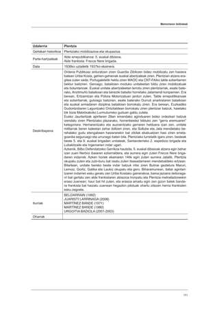 Memoriaren ibilbideak
171
Udalerria Plentzia
Gertakari historikoa Plentziako mobilizazioa eta okupazioa.
Parte-hartzaileak
Alde errepublikanoa: 5. euskal dibisioa.
Alde frankista: Frecce Nere brigada.
Data 1936ko uztailetik 1937ko ekainera.
Deskribapena
Ordena Publikoaz arduratzen ziren Guardia Zibikoen bidez mobilizatu zen hasiera
batean Uribe Kosta, gehien-gehienak euskal abertzaleak ziren. Plentzian atzera era-
gitea zuten xede, Portugaletetik heldu ziren MAOC eta CNT-FAIko talde ezkertiarren
beldur baitziren. Geroago, batailoien moduko unitateetan bildu ziren mobilizatuak
eta boluntarioak. Euskal unitate abertzaleetan lerrotu ziren plentziarrak, esate bate-
rako, Ariztimuño batailoian eta bereziki batailoi horretako Jatamendi konpainian. Era
berean, Ertzaintzan eta Polizia Motorizatuan jardun zuten. Talde errepublikanoak
eta ezkertiarrak, gutxiago baitziren, esate baterako Durruti anarkistaren batailoian
eta euskal armadaren diziplina batailoian borrokatu ziren. Era berean, Euzkadiko
Gudontzidiaren Laguntzako Ontzitaldean borrokatu ziren plentziar batzuk, haietako
bik bizia Matxitxakoko Lurmuturreko guduan galdu zutela.
Eusko Jaurlaritzak apirilaren 29an emandako aginduaren bidez ordezkari batzuk
izendatu ziren Plentziako plazarako, horrenbestez bilduko zen “gerra eremuaren”
kategoriara. Herriarentzako eta auzoentzako gerraren helduera izan zen, unitate
militarrak beren kaleetan zehar ibiltzen ziren, eta Sollube eta Jata mendietako be-
rehalako gudu etengabeen hasierarekin bat zibilak ebakuatzen hasi ziren erreta-
goardia seguruago eta urrunago baten bila. Plentziako lurretatik igaro ziren, besteak
beste 5. eta 9. euskal brigaden unitateak, Santanderreko 2. espedizio brigada eta
Lubakitzaile eta Ingeniarien indar ugari.
Azkenik, Bilbo Defendatzeko Gerrikoa hautsita, 5. euskal dibisioak atzera egin behar
izan zuen Nerbioi ibaiaren ezkerraldera, eta aurrera egin zuten Frecce Nere briga-
daren indarrek. Azken horiek ekainaren 14tik egin zuten aurrera Jatatik, Plentzia
okupatu zuten eta zubi-buru bat osatu zuten itsasadarraren mendebaldeko ertzean.
Bitartean, unitate bereko beste indar batzuk iritsi ziren Butroe gaztelura Maruri,
Lemoiz, Gorliz, Gatika eta Laukiz okupatu eta gero. Biharamunean, italiar agintari-
tzaren indarren esku geratu zen Uribe Kostako gainerakoa, baina jazoera deitoraga-
rri bat gertatu zen alde frankistaren abiazioa tronpatu eta Plentzia metrailadoreekin
eraso zuenean; haur bat hil zuten, eta erasoa amaitu egin zen gizon batek bande-
ra frankista bat haizatu zuenean hegazkin pilotuak ohartu zitezen herria frankisten
esku zegoela.
Iturriak
BELDARRAIN (1992)
JUARISTI LARRINAGA (2008)
MARTÍNEZ BANDE (1971)
MARTÍNEZ BANDE (1980)
URGOITIA BADIOLA (2001-2003)
Oharrak
 