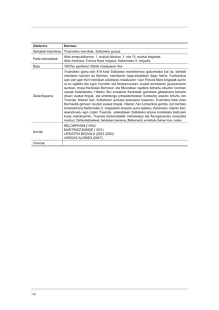 178
Udalerria Bermeo
Gertakari historikoa Truendeko borrokak. Sollubeko gudua.
Parte-hartzaileak
Alde errepublikanoa: 1. euskal dibisioa, 1. eta 13. euskal brigadak.
Alde frankista: Frecce Nere brigada, Nafarroako 5. brigada.
Data 1937ko apirilaren 30etik maiatzaren 8ra.
Deskribapena
Truendeko gaina edo 418 kota Sollubeko mendilerroko gailurretako bat da, bertatik
mendean hartzen da Bermeo, mendiaren hego-ekialdean dago herria. Funtsezkoa
izan zen gain hori mendean edukitzea maiatzaren 1ean Frecce Nere brigadak aurre-
ra ez egiteko eta egun horretan eta biharamunean, euskal armadaren jazarpenaren
aurrean, tropa frankistak Bermeon eta Mundakan egotera behartu zituzten kontrae-
rasoak bideratzeko. Hilaren 3ko erreakzio frankistak gainetara gibelatzera behartu
zituen euskal tropak, eta ondorengo erresistentziaren funtsezko posizio bihurtu zen
Truende. Hilaren 6an, Solluberen aurkako erasoaren hasieran, Truendera bildu ziren
Bermeotik gertuen zeuden euskal tropak. Hilaren 7an funtsezkoa gertatu zen bertako
erresistentzia Nafarroako 5. brigadaren erasoei aurre egiteko. Azkenean, hilaren 8an,
abandonatu egin zuten Truende, ustekabean Sollubeko erpina konkistatu baitzuten
tropa marokoarrek, Truende bizkarraldetik mehatxatuz eta Mungiaranzko errepidea
moztuz. Defendatzaileek, landetan barrena, Bakiorantz erretiratu behar izan zuten.
Iturriak
BELDARRAIN (1992)
MARTÍNEZ BANDE (1971)
URGOITIA BADIOLA (2001-2003)
VARGAS ALONSO (2007)
Oharrak
 