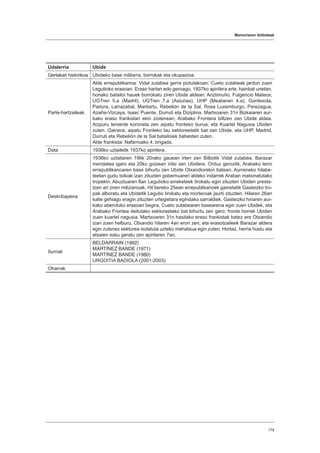 Memoriaren ibilbideak
179
Udalerria Ubide
Gertakari historikoa Ubideko base militarra, borrokak eta okupazioa.
Parte-hartzaileak
Alde errepublikanoa: Vidal zutabea gerra piztutakoan; Cueto zutabeak jardun zuen
Legutioko erasoan. Eraso hartan edo geroago, 1937ko apirilera arte, hainbat unetan,
honako batailoi hauek borrokatu ziren Ubide aldean: Ariztimuño, Fulgencio Mateos,
UGTren 5.a (Madril), UGTren 7.a (Asturias), UHP (Meaberen 4.a), Gordexola,
Padura, Larrazabal, Martiartu, Rebelión de la Sal, Rosa Luxemburgo, Perezagua,
Azaña-Vizcaya, Isaac Puente, Durruti eta Diziplina. Martxoaren 31n Bizkaiaren aur-
kako eraso frankistari ekin ziotenean, Arabako Frontera biltzen zen Ubide aldea.
Aizpuru teniente koronela zen aipatu fronteko burua, eta Kuartel Nagusia Ubiden
zuten. Gainera, aipatu Fronteko lau sektoreetatik bat zen Ubide, eta UHP, Madrid,
Durruti eta Rebelión de la Sal batailoiek babesten zuten.
Alde frankista: Nafarroako 4. brigada.
Data 1936ko uztailetik 1937ko apirilera.
Deskribapena
1936ko uztailaren 19tik 20rako gauean irten zen Bilbotik Vidal zutabea, Barazar
mendatea igaro eta 20ko goizean iritsi zen Ubidera. Orduz geroztik, Arabako lerro
errepublikanoaren base bihurtu zen Ubide Otxandiorekin batean. Aurreneko hilabe-
teetan gudu txikiak izan zituzten gobernuaren aldeko indarrek Araban matxinatutako
tropekin. Abuztuaren 8an Legutioko erreketeek tirokatu egin zituzten Ubiden presta-
tzen ari ziren milizianoak. Hil bereko 25ean errepublikanoek gainetatik Gasteizko tro-
pak alboratu eta Ubidetik Legutio tirokatu eta morteroak jaurti zituzten. Hilaren 26an
kalte gehiago eragin zituzten urtegietara egindako sarraldiek. Gasteizko hiriaren aur-
kako abenduko erasoari begira, Cueto zutabearen basearena egin zuen Ubidek, eta
Arabako Frontea deitutako sektoreetako bat bihurtu zen gero; fronte horrek Ubiden
zuen kuartel nagusia. Martxoaren 31n hasitako eraso frankistak batez ere Otxandio
izan zuen helburu, Otxandio hilaren 4an erori zen, eta erasotzaileek Barazar aldera
egin zutenez sektorea isolatuta uzteko mehatxua egin zuten. Hortaz, herria hustu eta
etsaien esku geratu zen apirilaren 7an.
Iturriak
BELDARRAIN (1992)
MARTÍNEZ BANDE (1971)
MARTÍNEZ BANDE (1980)
URGOITIA BADIOLA (2001-2003)
Oharrak
 