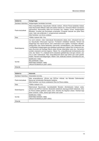 Memoriaren ibilbideak
195
Udalerria Astigarraga.
Gertakari historikoa Astigarragako bentetako borrokak.
Parte-hartzaileak
Alde errepublikanoa: Gipuzkoako miliziak; tartean, JSUren Rusia batailoiko kideak,
baita Nazioarteko Milizien talde txiki bateko kideak ere, Victoriano Martín Cerratoren
aginduetara. Nazioarteko talde hori borrokatu zen, halaber, Irunen, Astigarragako
Bentetan, Urnietan eta Donostiako erretiradan. Erregular batzuek ere parte hartu
zuten, hala nola artilleriako 3. erregimentuko soldaduek.
Alde frankista: Los Arcos zutabea.
Data 1936ko irailaren 6tik 13ra.
Deskribapena
Irun erori ondoren, indar matxinatuak Donostiarantz abiatu ziren, zirkuluerdi bat era-
tuz Gipuzkoako hiriburuaren inguruan. Frontearen erdialdean kokatuta, Hernani eta
Astigarraga hesi natural bihurtu ziren matxinatuei aurre egiteko. Frontearen alboetan,
indarguneak ziren Santa Barbarako (Hernaniko mendebaldean), San Markoseko eta
Txoritokietako (Astigarragakoipar-ekialdean)gotorlekuak.Irailaren6anUrnietaerorizen,
baina Buruntza eta Santiago Mendi arteko lerroak oldarraldiari eutsi zion, Hernaniren
aurkako erasoaren porrota eraginez. Hilaren 7an, errepublikanoak kontraerasoka aritu
ziren, eta, hilaren 11n, unitateak berriro kokatzeko geldialdi labur bat egin ondoren, era-
soa jo zuten matxinatuek. Hala, errepublikanoek atzera egin behar izan zuten gotorle-
kuetan, Hernanin etaAstigarragan. Hilaren 13an, ebakuatu ondoren, Donostia erori zen.
Iturriak
BARRUSO (1996)
BELDARRAIN (1992)
MARTINEZ BANDE (1980)
URGOITIA BADIOLA (2001-2003)
Oharrak
Udalerria Azkarate.
Gertakari historikoa Azkarateko borroka.
Parte-hartzaileak
Alde errepublikanoa: JSUren eta CNTren miliziak, eta Bizkaiko Defentsarako
Batzarrak antolatutako Barakaldo batailoia.
Alde frankista: Los Arcos zutabearen Díez de Rivera taldea.
Data 1936ko irailaren 21a.
Deskribapena
Matxinatuak Gipuzkoako mendebaldetik Bizkaiko ofentsibarako bidean zirela,
JSUren eta CNTren indarrak, Barakaldo batailoiak atzeraguardiatik babestuta, Díez
de Rivera taldea gelditzen saiatu ziren, Azkoitia eta Elgoibar artean. Hainbat baja
jasan ondoren, ordea, atzera egin behar izan zuten.
Iturriak
BARRUSO (1996)
MARTINEZ BANDE (1980)
URGOITIA BADIOLA (2001-2003)
Oharrak
 