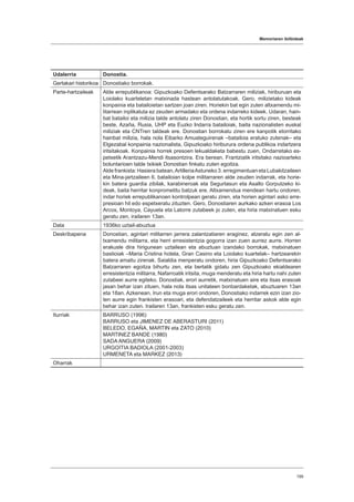 Memoriaren ibilbideak
199
Udalerria Donostia.
Gertakari historikoa Donostiako borrokak.
Parte-hartzaileak Alde errepublikanoa: Gipuzkoako Defentsarako Batzarraren miliziak, hiriburuan eta
Loiolako kuarteletan matxinada hastean antolatutakoak. Gero, milizietako kideak
konpainia eta batailoietan sartzen joan ziren. Horiekin bat egin zuten altxamendu mi-
litarrean inplikatuta ez zeuden armadako eta ordena indarreko kideek. Udaran, hain-
bat batailoi eta milizia talde antolatu ziren Donostian, eta hortik sortu ziren, besteak
beste, Azaña, Rusia, UHP eta Euzko Indarra batailoiak, baita nazionalisten euskal
miliziak eta CNTren taldeak ere. Donostian borrokatu ziren ere kanpotik etorritako
hainbat milizia, hala nola Eibarko Amuateguirenak –batailoia eratuko zutenak– eta
Elgezabal konpainia nazionalista, Gipuzkoako hiriburura ordena publikoa indartzera
iritsitakoak. Konpainia horrek presoen lekualdaketa babestu zuen, Ondarretako es-
petxetik Arantzazu-Mendi itsasontzira. Era berean, Frantziatik iritsitako nazioarteko
boluntarioen talde txikiek Donostian finkatu zuten egoitza.
Alde frankista: Hasiera batean,ArtilleriaAstuneko 3. erregimentuan eta Lubakitzaileen
eta Mina-jartzaileen 6. batailoian kolpe militarraren alde zeuden indarrak, eta horie-
kin batera guardia zibilak, karabineroak eta Segurtasun eta Asalto Gorputzeko ki-
deak, baita herritar konprometitu batzuk ere. Altxamendua mendean hartu ondoren,
indar horiek errepublikanoen kontrolpean geratu ziren, eta horien agintari asko erre-
presioan hil edo espetxeratu zituzten. Gero, Donostiaren aurkako azken erasoa Los
Arcos, Montoya, Cayuela eta Latorre zutabeek jo zuten, eta hiria matxinatuen esku
geratu zen, irailaren 13an.
Data 1936ko uztail-abuztua
Deskribapena Donostian, agintari militarren jarrera zalantzatiaren eraginez, atzeratu egin zen al-
txamendu militarra, eta herri erresistentzia gogorra izan zuen aurrez aurre. Horren
erakusle dira hirigunean uztailean eta abuztuan izandako borrokak, matxinatuen
bastioiak –Maria Cristina hotela, Gran Casino eta Loiolako kuartelak– hartzearekin
batera amaitu zirenak. Saialdia menperatu ondoren, hiria Gipuzkoako Defentsarako
Batzarraren egoitza bihurtu zen, eta bertatik gidatu zen Gipuzkoako ekialdearen
erresistentzia militarra, Nafarroatik iritsita, muga menderatu eta hiria hartu nahi zuten
zutabeei aurre egiteko. Donostiak, erori aurretik, matxinatuen aire eta itsas erasoak
jasan behar izan zituen, hala nola itsas unitateen bonbardaketak, abuztuaren 13an
eta 18an. Azkenean, Irun eta muga erori ondoren, Donostiako indarrek ezin izan zio-
ten aurre egin frankisten erasoari, eta defendatzaileek eta herritar askok alde egin
behar izan zuten. Irailaren 13an, frankisten esku geratu zen.
Iturriak BARRUSO (1996)
BARRUSO eta JIMENEZ DE ABERASTURI (2011)
BELEDO, EGAÑA, MARTIN eta ZATO (2010)
MARTINEZ BANDE (1980)
SADA ANGUERA (2009)
URGOITIA BADIOLA (2001-2003)
URMENETA eta MARKEZ (2013)
Oharrak
 