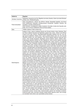 202
Udalerria Elgoibar
Gertakari historikoa
Elgoibarko okupazioa eta San Migeleko borrokak (Aiastia). Azken borrokak Bizkaian
amaitu ziren, Etxebarritik gertu.
Parte-hartzaileak
Alde errepublikanoa: JSUren eta CNTren miliziak, Barakaldo batailoia, eta Arana
Goiri batailoiaren hasierako antolakuntzaren konpainiak. Asaltoko indarrak, eta
Garellano mendiko batailoiarenak.
Alde frankista: Iruretagoyena zutabe handiaren González Unzalu eta Cayuela zuta-
beak, eta Los Arcos zutabearen Díez de Rivera taldea.
Data 1936ko irailaren 21etik urriaren 8ra.
Deskribapena
Irailaren 21ean, Latorre zutabeak Zarautz eta Zumaia hartzen zituen bitartean, Díez
de Rivera taldeak Azkarate eta Elgoibarko gainak hartu zituen, JSUren eta CNTren
indarrei aurre egin ondoren. Atzeragoardiatik Barakaldo batailoia iritsi zen, San Mi-
gel ingurua babestera. Hilaren 22an, Latorre zutabea Deban sartu zen, eta Cayuela
Altzolara hurbildu zen; bien bitartean, Díez Rivera taldeak Kalamua inguruak hartu
zituen, Urko mendia okupatuta, Elgoibarko sarrera babestu nahian. Irailaren 23an,
matxinatuak atsedena hartzen ari ziren Elgoibarren, beren aurreko taldeak Urkarregi
eta San Migel ingurura bidalita; indar errepublikanoek, ordea, erasoa jo, eta Elgoibar
mehatxatu zuten, Barakaldo batailoiko kideekin eta mendigoizale nazionalisten tal-
deekin. Hilaren 24an, Díezen indarrek jo zuten erasoa; Elgoibar eta Altzolaren arteko
errepidea gurutzatu, eta Beain errekastoaren parera doan lehen ibarretik hasi ziren
igotzen, mendigoizaleen eta Barakaldo batailoiko kideen erresistentziari aurre eginez.
Horien errefortzurako, Arana Goiri batailoiaren hasierako antolaketaren konpainiak iri-
tsi ziren, Iñaki Aranaren agindupean, eta lehen lerroan kokatu ziren hilaren 25ean,
Asaltoko eta Garellano batailoiko indarrekin batera. Díez taldea indar horien aurka
oldartu zen, eta erasoaren ondorioz atzera egin behar izan zuten errepublikanoek,
Barakaldokoaren indarrekin elkartu eta berriro osatu arte; nolanahi ere, iparraldean,
matxinatuek Zirardamendi gainaren defentsa txikitu zuten. Urkarregi mendatea ere
erori zen. Bertan, triskantza egin zitzaien Zubiaur konpainiaren Begoñako gudariei,
talde erdiaren baja eraginda –dozena erdi hildako, tartean– eta Garaizabal konpainian
zeuden erandiotarrei. Arratsaldean frankisten aurreratzea gelditzea lortu bazuten ere,
galerak oso handiak izan ziren. Errepublikanoek ehun baja inguru izan zituzten, eta 25
hildako, guztira; horrez gain, dozenaka poloniar fusil eta fusil metrailadore bat galdu zi-
tuzten. Matxinatuen artean, sei hildako –alferez bat tartean– izan ziren, eta 10 zauritu.
Hilaren 26an, borrokatzen jarraitu zuten. Díez de Rivera taldeak presioa egiten ja-
rraitu zuen, aurrean zeukaten mendi koniko bat hartu, eta posizio hobeak lortu arte.
Zutabea, ordea, ezin izan zen aurrerago iritsi. Artilleriako sua ez zen eraginkorra
izan, laguntza bateria lurrean gaizki jarrita zegoelako, eta errepublikanoen erresis-
tentzia trinkoa zen, frontearen gaineko posizioetan eta Díez de Rivera taldeko al-
boetan kokatuta. Díezen taldeak 36 hil-zauritu izan zituen (6 hildako eta 30 zauritu)
Díez de Rivera komandantea zaurituetako bat izanik. Barakaldo batailoiak eta ber-
tan ziren gainerako indarrek lortu zuten, azkenean, “nazional” edo matxinatuen men-
debalderako martxa gelditzea. Hurrengo egunean, hilaren 27an, Barakaldo batailoia
atzeragoardiara joan zen, izena ematen zion herrira; bien bitartean, lerroan, Díez de
Rivera taldearen aurkako erasoek jarraitu zuten. Matxinatuek ezin izan zuten aurre-
rapauso bakar bat eman, eta errepublikanoen su etengabea jasan behar izan zuten.
Hala, matxinatuek 31 baja gehiago izan zituzten. Euzko Gudarostearen indarrek
aurreratzea geratzea lortu zuten, baina horren kostua gehiegizkoa izan zen. Guztira,
hilaren 21etik 27ra, indar errepublikanoek 200 baja baino gehiago izan zituzten; tar-
tean, 50 baino hildako baino gehiago. Aurkariek 140 baja baino gehiago izan zituz-
ten; tartean, 30 hildako inguru. Díez de Riveraren indarrek ez zuten Markinarako
erasoarekin jarraitu; horren ordez, Ziardamendiko gainak eta mendatea ziurtatuta,
ezkerrera egin zuten, eta Eibar hartzeko saialdi batean lagundu zuten, herri armagi-
na mendean hartu behar zuen iparraldeko pintza eratuta.
 