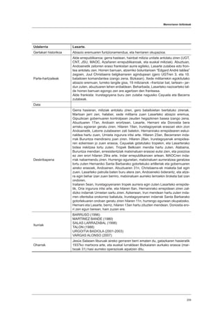 Memoriaren ibilbideak
209
Udalerria Lasarte.
Gertakari historikoa Abiazio eremuaren funtzionamendua, eta herriaren okupazioa.
Parte-hartzaileak
Alde errepublikanoa: gerra hastean, hainbat milizia unitate antolatu ziren (UGT,
CNT, JSU, MAOC, Azañaren errepublikanoak, eta euskal miliziak). Abuztuan,
Andoainetik zetorren eraso frankistari aurre egiteko, Lasarte zutabea edo fron-
tea antolatu zen. Horren barruan, atzerriko boluntarioen “Edgard André taldea”
zegoen, Juul Christiaens belgikarraren agindupean (gero UGTren 3. eta 10.
batailoien komandantea izango zena, Bizkaian). Xede militarrekin egokitutako
abiazio eremuan, lurreko langile gisa, 19 milizianok –frantziar bat, tartean– jar-
dun zuten, abuztuaren lehen erdialdean. Beharbada, Lasarteko nazioarteko tal-
de horren barruan egongo zen ere agertzen den frantsesa.
Alde frankista: Iruretagoyena buru zen zutabe nagusiko Cayuela eta Becerra
zutabeak.
Data
Deskribapena
Gerra hasieran, miliziak antolatu ziren, gero batailoietan txertatuko zirenak.
Martxan jarri zen, halaber, xede militarra zuen Lasarteko abiazio eremua,
Gipuzkoan gobernuaren kontrolpean zeuden hegazkinen basea izango zena.
Abuztuaren 17an, Andoain erortzean, Lasarte, Hernani eta Donostia bera
arrisku egoeran geratu ziren. Hilaren 19an, Iruretagoyenak erasoari ekin zion
Andoainetik, Latorre zutabearen zati batekin. Hernanirako errepidearen eskui-
naldea hartu zuen, Urnieta ingurura iritsi arte. Hilaren 23an, Becerraren inda-
rrak Buruntza mendiraino joan ziren. Hilaren 28an, Iruretagoyenak errepidea-
ren ezkerrean jo zuen erasoa, Cayuelak gidatutako tropekin, eta Lasarterako
bidea irekitzea lortu zuten. Tropek Belkoain mendia hartu zuten. Alabaina,
Buruntza mendian, erresistentziak matxinatuen erasoei eutsi zien, eta posizioa
ez zen erori hilaren 29ra arte. Indar errepublikanoen artean, MAOCren inda-
rrak nabarmendu ziren. Hurrengo egunetan, matxinatuen aurreratzea geratzea
lortu zuten Hernaniko Santa Barbarako gotorlekuko artilleriak eta gobernuaren
aireko erasoek, Andoainen. Abuztuaren 31n, Christiaens-ek miaketa bat egin
zuen. Lasarteko patruila baten buru atera zen, Andoaineko biderantz, eta atze-
ra egin behar izan zuen berriro, matxinatuen aurreko lerroekin tiroketa bat izan
ondoren.
Irailaren 5ean, Iruretagoyenaren tropek aurrera egin zuten Lasarteko errepide-
tik, Oria ingurura iritsi arte, eta hilaren 6an, Hernanirako errepidean ziren zal-
dizko indarrak Urnietan sartu ziren. Azkenean, Irun mendean hartu zuten inda-
rren ofentsiba orokorrez baliatuta, Iruretagoyenaren indarrak Santa Barbarako
gotorlekuaren ondoan geratu ziren hilaren 11n, hurrengo egunean okupatzeko.
Hernani eta Lasarte, berriz, hilaren 13an hartu zituzten mendean, Donostia ero-
ri zen egun berean, hain zuzen ere.
Iturriak
BARRUSO (1996)
MARTINEZ BANDE (1980)
SALAS LARRAZABAL (1998)
TALON (1988)
URGOITIA BADIOLA (2001-2003)
VARGAS ALONSO (2007)
Oharrak
Jesús Salasen liburuak aireko gerraren berri ematen du, gatazkaren hasieratik
1937ko martxora arte, eta euskal lurraldean Bizkaiaren aurkako erasoa (mar-
txoak 31) hasi aurreko operazioak aipatzen ditu.
 