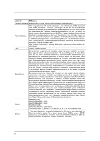 222
Udalerria El Mazuco.
Gertakari historikoa El Mazucoko borrokak, 1937ko iraila. Asturiasko azken kanpaina.
Parte-hartzaileak
Alde errepublikanoa: 156. euskal brigadaren 1. eta 2. batailoiak, eta 50. dibisioaren
164. euskal brigadaren 1. batailoia. Lehenengoa CNTren 3.a zen (Isaac Puente).
Horretan biltzen ziren, euskal kanpainaren amaieraz geroztik, CNTko batailoian ber-
tan geratutakoak eta Zabalbide batailoi errepublikanoaren zati bat. 156.aren 2. ba-
tailoia lehengo Gipuzkoa batailoia edo MAOCren 2.a zen, uztailean Azaña-Vizcaya
batailoia ere bereganatu zuena. Lehen, 3. batailoia izan zen, baina 2.a izatera pa-
satu zen, Santanderreko kanpainan galdutako Padura batailoiaren ordez. 164.aren
1. batailoia Larrañaga batailoi komunista zen (MAOCren 1.a). Horren barruan zeu-
den, uztailaz geroztik, JSUren Dragones batailoiaren milizianoak. Horiekin batera,
Asturiasko indarrak borrokatu ziren.
Alde frankista: Nafarroako 1. brigada, Nafarroako 4.aren errefortzuekin; biak ere 61.
dibisiokoak.
Data 1936ko irailaren 4tik 16ra.
Deskribapena
Santanderreko kanpainan onik ateratako euskal infanteriako batailoiek erresisten-
tzian lagundu zuten, Asturiasko ekialdean. 156. euskal brigadaren 1. eta 2. batai-
loiak eta 164.aren 1. batailoia nabarmendu ziren borroketan. Batailoi horiek guz-
tien jatorria Juan Ibarrolaren agindupeko 50. Euskal Dibisioa zen. Asturiasen, baino,
Francisco Galanen agindupeko Armadaren 14. Gorputza berregitean inprobisatu-
tako dibisioetako batean sartu zituzten. Dibisio horretan biltzen ziren, hain zuzen,
Santanderreko hondamenditik onik ateratako euskal eta asturiar indarrak, Asturiastik
iritsitako errefortzuekin batera. Llanes eta bertako aerodromoa irailaren 4an erorita,
erresistentziak Torneria mendatea deritzon Mazucoko haitzartean jarri zuen arreta;
izan ere, bertatik, Llanesetik hego-ekialdean, Asturiaseko ekialdearen barrualdera
doan errepidea ixten da zuzenean, eta jomugan geratzen da, era berean, Llanesetik
mendebaldera doan kostaldeko hegala.
Borrokaren une gorena irailaren 6tik 12ra izan zen, eta euskal indarrek eginkizun
nabarmena eduki zuten, frankisten aurreratzea geratzea lortu baitzuten. Hilaren
6ko ekintzan, Askatasunaren Domina eman zioten Gipuzkoa batailoiko Felix Arano
Malaxechevarriari (156. brigadaren 2. batailoia). Hurrengo egunean, hilaren 7an,
euskal indarrek aipamen gorenak jaso zituzten, eta Iparraldeko Armadaren koronel
buru Aldolfo Pradak Askatasunaren Domina eman zien Ignacio Esnaolari eta Antonio
Teresari, Larrañaga eta Isaac Puente batailoietako komandanteak, hurrenez hurren.
Hilaren 12an, erresistentziak aurrera jarraitu zuen, eta Gipuzkoa batailoiak berak
Askatasunaren Domina jaso zuen, egun hartako Armadaren Agindu Orokorraren
Gehikuntza batean, zeina Iparraldeko Armadaren Estatu Nagusiaren buru Francisco
Ciutatek eman baitzuen, batailoiaren portaera nabarmenduz. Azkenean, frankisten
nagusitasun militarra erabakigarria izan zen borrokan. Irailaren 13an, Biforco eta
Llabresko gainak erori ziren; 14an, Llabreseko hegalak hartu zituzten, baita Cabezo
ere; hilaren 15ean, matxinatuak El Mazuco herrian sartu ziren.
Iturriak
AMBOU (1978)
MARTINEZ BANDE (1972)
MARTINEZ BANDE (1980)
PALACIO (1938)
URGOITIA BADIOLA (2001-2003)
Zenbaiten Artean: La guerra Civil en Asturias, 2. lib., Eds. Júcar, Madril, 1978.
Oharrak
Felix Arano kapitainari emandako Askatasunaren Dominaren berrespena eta mi-
lizien komandante izateko haren igoera jasota daude 1938ko urriaren 20.181.
Zirkularrean, zeina Defentsa Ministerio Nazionalaren Aldizkari Ofizialean (264. zk.)
argitaratu baitzen, (Bartzelonan, 1938ko urriaren 11, asteartea).
 