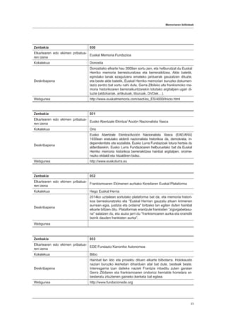 Memoriaren ibilbideak
23
Zenbakia 030
Elkartearen edo ekimen pribatua-
ren izena
Euskal Memoria Fundazioa
Kokalekua Donostia
Deskribapena
Donostiako elkarte hau 2009an sortu zen, eta helburutzat du Euskal
Herriko memoria berreskuratzea eta berreraikitzea. Alde batetik,
egindako lanak ezagutzera emateko jarduerak gauzatzen dituzte,
eta beste alde batetik, Euskal Herriko memoriari buruzko dokumen-
tazio zentro bat sortu nahi dute. Gerra Zibileko eta frankismoko me-
moria historikoaren berreraikuntzarekin lotutako argitalpen ugari di-
tuzte (aldizkariak, artikuluak, liburuak, DVDak…).
Webgunea http://www.euskalmemoria.com/sect/es_ES/4000/Inicio.html
Zenbakia 031
Elkartearen edo ekimen pribatua-
ren izena
Eusko Abertzale Ekintza/ Acción Nacionalista Vasca
Kokalekua Orio
Deskribapena
Eusko Abertzale Ekintza/Acción Nacionalista Vasca (EAE/ANV)
1930ean eratutako alderdi nazionalista historikoa da, demokrata, in-
dependentista eta sozialista. Eusko Lurra Fundazioak lotura hertsia du
alderdiarekin. Eusko Lurra Fundazioaren helburuetako bat da Euskal
Herriko memoria historikoa berreraikitzea hainbat argitalpen, oroime-
nezko ekitaldi eta hitzaldiren bidez.
Webgunea http://www.euskolurra.eu
Zenbakia 032
Elkartearen edo ekimen pribatua-
ren izena
Frankismoaren Ekimenen aurkako Kereilaren Euskal Plataforma
Kokalekua Hego Euskal Herria
Deskribapena
2014ko uztailean sortutako plataforma bat da, eta memoria histori-
koa berreskuratzeko eta “Euskal Herrian gauzatu zituen krimenen
aurrean egia, justizia eta ordaina” lortzeko lan egiten duten hainbat
elkarte biltzen ditu. Plataformak erantzule frankisten “zigorgabetasu-
na” salatzen du, eta auzia jarri du “frankismoaren aurka eta oraindik
bizirik dauden frankisten aurka”.
Webgunea
Zenbakia 033
Elkartearen edo ekimen pribatua-
ren izena
EDE Fundazio Kanoniko Autonomoa
Kokalekua Bilbo
Deskribapena
Hainbat lan ildo eta proiektu dituen elkarte bilbotarra. Holokausto
naziari buruzko ikerketan diharduen atal bat dute, besteak beste.
Interesgarria izan daiteke naziek Frantzia inbaditu zuten garaian
Gerra Zibilaren eta frankismoaren ondorioz herrialde horretara er-
besteratu zituztenen gaineko ikerketa bat egitea.
Webgunea http://www.fundacionede.org
 