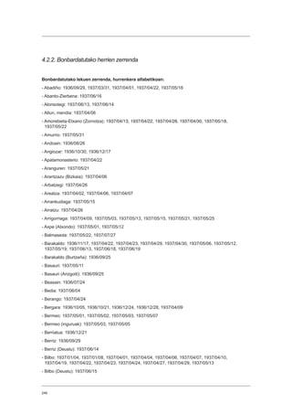 246
4.2.2. Bonbardatutako herrien zerrenda
Bonbardatutako lekuen zerrenda, hurrenkera alfabetikoan:
- Abadiño: 1936/09/29, 1937/03/31, 1937/04/01, 1937/04/22, 1937/05/18
- Abanto-Zierbena: 1937/06/16
- Alonsotegi: 1937/06/13, 1937/06/14
- Altun, mendia: 1937/04/06
- Amorebieta-Etxano (Zornotza): 1937/04/13, 1937/04/22, 1937/04/28, 1937/04/30, 1937/05/18,
1937/05/22
- Amurrio: 1937/05/31
- Andoain: 1936/08/26
- Angiozar: 1936/10/30, 1936/12/17
- Apatamonasterio: 1937/04/22
- Aranguren: 1937/05/21
- Arantzazu (Bizkaia): 1937/04/06
- Arbatzegi: 1937/04/26
- Areatza: 1937/04/02, 1937/04/06, 1937/04/07
- Arrankudiaga: 1937/05/15
- Arratzu: 1937/04/26
- Arrigorriaga: 1937/04/09, 1937/05/03, 1937/05/13, 1937/05/15, 1937/05/21, 1937/05/25
- Axpe (Atxondo): 1937/05/01, 1937/05/12
- Balmaseda: 1937/05/22, 1937/07/27
- Barakaldo: 1936/11/17, 1937/04/22, 1937/04/23, 1937/04/29, 1937/04/30, 1937/05/06, 1937/05/12,
1937/05/19, 1937/06/13, 1937/06/18, 1937/06/19
- Barakaldo (Burtzeña): 1936/09/25
- Basauri: 1937/05/11
- Basauri (Arizgoiti): 1936/09/25
- Beasain: 1936/07/24
- Bedia: 1937/06/04
- Berango: 1937/04/24
- Bergara: 1936/10/05, 1936/10/21, 1936/12/24, 1936/12/28, 1937/04/09
- Bermeo: 1937/05/01, 1937/05/02, 1937/05/03, 1937/05/07
- Bermeo (inguruak): 1937/05/03, 1937/05/05
- Berriatua: 1936/12/21
- Berriz: 1936/09/29
- Berriz (Deustu): 1937/06/14
- Bilbo: 1937/01/04, 1937/01/08, 1937/04/01, 1937/04/04, 1937/04/06, 1937/04/07, 1937/04/10,
1937/04/19, 1937/04/22, 1937/04/23, 1937/04/24, 1937/04/27, 1937/04/29, 1937/05/13
- Bilbo (Deustu): 1937/06/15
 