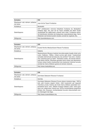 24
Zenbakia 034
Elkartearen edo ekimen pribatua-
ren izena
Juan de los Toyos Fundazioa
Kokalekua Barakaldo
Deskribapena
UGT sindikatuaren memoria historikoko fundazioa da; Barakaldon
kokatuta dago, eta Juan de los Toyos sozialista eta lehen Eusko
Jaurlaritzako lan sailburuaren omenez sortu zuten. Fundazioa memo-
ria historikoaren ikerketan eta hedapenean espezializatuta dago. Gerra
Zibilarekin eta frankismoarekin lotutako zenbait lan argitaratu ditu.
Webgunea http://juandelostoyos.com
Zenbakia 035
Elkartearen edo ekimen pribatua-
ren izena
Euskal Herriko Meatzaritzaren Museo Fundazioa
Kokalekua Gallarta
Deskribapena
Meatzaritzaren Museoa meatzari eta siderurgiako langile ohiek sortu
zuten, Gallartan, 1986an. Urteek aurrera egin ahala, “meatzaritzak
sortutako elementuak berreskuratu eta zaintzen” hasi ziren, meatza-
ritza “ahaztuta gera ez dadin”. Ikerketak sustatu, eta ahozko lekuko-
tzak biltzen dituzte. Elkarteak egindako lanen artean edo elkartearen
funtsen artean badira meatzaritzari eta meatzarien historiari buruzko
zenbait lan Gerra Zibilaren garaia ere lantzen dutenak.
Webgunea http://www.meatzaldea.eus
Zenbakia 036
Elkartearen edo ekimen pribatua-
ren izena
Gernikako Bakearen Museoa Fundazioa
Kokalekua Gernika
Deskribapena
Gernikako Bakearen Museoa Foruen plazan kokatuta dago, 1997ra
arte udal museoa zegoen tokian. Udal museoaren gai nagusiak
“Gernika-Lumoko historia eta hiriak Gerra Zibilean jasandako bon-
bardaketa larria” ziren. 2002an fundazio bilakatu zuten, baina gaur
egun ere udalerriaren historia eta 1937ko bonbardaketa ezagutzera
ematen ditu. Museoan, bonbardaketari buruzko dokumentazio zen-
tro interesgarri bat dago.
Webgunea http://www.museodelapaz.org
 