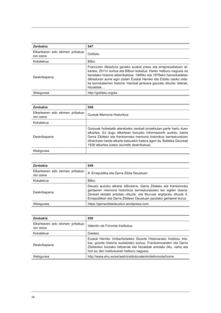 28
Zenbakia 047
Elkartearen edo ekimen pribatua-
ren izena
Goldatu
Kokalekua Bilbo
Deskribapena
Francoren diktadura garaiko euskal preso eta errepresaliatuen el-
kartea, 2011n sortua eta Bilbon kokatua. Haren helburu nagusia da
benetako historia aldarrikatzea: 1960ko eta 1970eko hamarkadetan
diktadurari aurre egin zioten Euskal Herriko eta Estatu osoko mila-
ka borrokalariren historia. Hainbat jarduera gauzatu dituzte: bilerak,
hitzaldiak…
Webgunea http://goldatu.org/es
Zenbakia 048
Elkartearen edo ekimen pribatua-
ren izena
Gureak Memoria Historikoa
Kokalekua
Deskribapena
Gorpuak hobietatik ateratzeko zenbait proiektutan parte hartu duen
elkartea. Ez dugu elkarteari buruzko informaziorik aurkitu, baina
Gerra Zibileko eta frankismoko memoria historikoa berreskuratzen
diharduten beste elkarte batzuekin batera ageri da. Baliteke Geureak
1936 elkartea izatea (aurretik deskribatua).
Webgunea
Zenbakia 049
Elkartearen edo ekimen pribatua-
ren izena
II. Errepublika eta Gerra Zibila Deustuan
Kokalekua Bilbo
Deskribapena
Deustu auzoko elkarte bilbotarra, Gerra Zibileko eta frankismoko
gertaeren memoria historikoa berreskuratzeko lan egiten duena.
Zenbait ekitaldi antolatu dituzte, eta liburuak argitaratu dituzte II.
Errepublikan eta Gerra Zibilean Deustuan jazotako gertaerei buruz.
Webgunea https://gerrazibiladeustun.wordpress.com
Zenbakia 050
Elkartearen edo ekimen pribatua-
ren izena
Valentín de Foronda Institutua
Kokalekua Gasteiz
Deskribapena
Euskal Herriko Unibertsitateko Gizarte Historiarako Institutu mis-
toa, gizarte historia sustatzeko sortua. Frankismoarekin eta Gerra
Zibilarekin lotutako biltzarrak eta hitzaldiak antolatu ditu, nahiz eta
hori ez den institutuaren helburu nagusia.
Webgunea http://www.ehu.es/es/web/institutovalentindeforonda/home
 