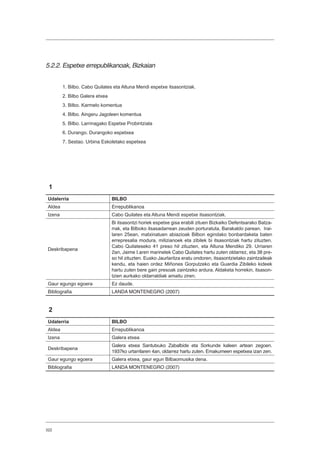 322
5.2.2. Espetxe errepublikanoak, Bizkaian
1. Bilbo. Cabo Quilates eta Altuna Mendi espetxe itsasontziak.
2. Bilbo Galera etxea
3. Bilbo. Karmelo komentua
4. Bilbo. Aingeru Jagoleen komentua
5. Bilbo. Larrinagako Espetxe Probintziala
6. Durango. Durangoko espetxea
7. Sestao. Urbina Eskoletako espetxea
1
Udalerria BILBO
Aldea Errepublikanoa
Izena Cabo Quilates eta Altuna Mendi espetxe itsasontziak.
Deskribapena
Bi itsasontzi horiek espetxe gisa erabili zituen Bizkaiko Defentsarako Batza-
rrak, eta Bilboko itsasadarrean zeuden porturatuta, Barakaldo parean. Irai-
laren 25ean, matxinatuen abiazioak Bilbon egindako bonbardaketa baten
errepresalia modura, milizianoek eta zibilek bi itsasontziak hartu zituzten.
Cabo Quilateseko 41 preso hil zituzten, eta Altuna Mendiko 29. Urriaren
2an, Jaime I.aren marinelek Cabo Quilates hartu zuten oldarrez, eta 38 pre-
so hil zituzten. Eusko Jaurlaritza eratu ondoren, itsasontzietako zaintzaileak
kendu, eta haien ordez Miñones Gorputzeko eta Guardia Zibileko kideek
hartu zuten bere gain presoak zaintzeko ardura. Aldaketa horrekin, itsason-
tzien aurkako oldarraldiak amaitu ziren.
Gaur egungo egoera Ez daude.
Bibliografia LANDA MONTENEGRO (2007)
2
Udalerria BILBO
Aldea Errepublikanoa
Izena Galera etxea
Deskribapena
Galera etxea Santutxuko Zabalbide eta Sorkunde kaleen artean zegoen.
1937ko urtarrilaren 4an, oldarrez hartu zuten. Emakumeen espetxea izan zen.
Gaur egungo egoera Galera etxea, gaur egun Bilbaomusika dena.
Bibliografia LANDA MONTENEGRO (2007)
 