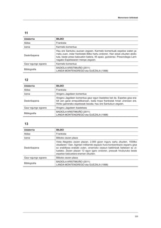 Memoriaren ibilbideak
329
11
Udalerria BILBO
Aldea Frankista
Izena Karmelo komentua
Deskribapena
Hau ere Santutxu auzoan zegoen. Karmelo komentuak espetxe izaten ja-
rraitu zuen, indar frankistek Bilbo hartu ondoren. Han eduki zituzten atxilo-
tuta, beste preso batzuekin batera, 45 apaiz, gutxienez. Presondegia Larri-
nagako Espetxearen menpe zegoen.
Gaur egungo egoera Karmelo komentua
Bibliografia
BADIOLA ARISTIMUÑO (2011)
LANDA MONTENGREGO eta GUEZALA (1998)
12
Udalerria BILBO
Aldea Frankista
Izena Aingeru Jagoleen komentua
Deskribapena
Aingeru Jagoleen komentua gaur egun ikastetxe bat da. Espetxe gisa era-
bili zen garai errepublikanoan, baita tropa frankistak hirian zirenean ere.
Hiriko gainerako espetxeak bezala, hau ere Santutxun zegoen.
Gaur egungo egoera Aingeru Jagoleen ikastetxea
Bibliografia
BADIOLA ARISTIMUÑO (2011)
LANDA MONTENGREGO eta GUEZALA (1998)
13
Udalerria BILBO
Aldea Frankista
Izena Bilboko zezen plaza
Deskribapena
Vista Alegreko zezen plazan, 2.000 gizon inguru sartu zituzten, 1939ko
otsailaren 13an. Agintari militarrek espazio hura kontzentrazio esparru gisa
ez erabiltzea erabaki zuten, oinarrizko osasun baldintzak betetzen ez zi-
tuelako. Zezen plazan 12 egun igaro ondoren, presoak hiruburuko beste
espetxe batzuetara eraman zituzten.
Gaur egungo egoera Bilboko zezen plaza
Bibliografia
BADIOLA ARISTIMUÑO (2011)
LANDA MONTENGREGO eta GUEZALA (1998)
 