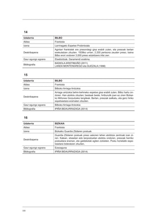 330
14
Udalerria BILBO
Aldea Frankista
Izena Larrinagako Espetxe Probintziala
Deskribapena
Agintari frankistek ere presondegi gisa erabili zuten, eta presoak bertan
exekutatzen zituzten. 1938ko urrian, 2.200 pertsona zeuden preso, baina
Bilbo erori ondoren 3.000 preso edukitzera iritsi zen.
Gaur egungo egoera Etxebizitzak. Garamendi eraikina.
Bibliografia
BADIOLA ARISTIMUÑO (2011)
LANDA MONTENGREGO eta GUEZALA (1998)
15
Udalerria BILBO
Aldea Frankista
Izena Bilboko Arriaga Antzokia
Deskribapena
Arriaga antzokia behin-behineko espetxe gisa erabili zuten, Bilbo hartu on-
doren. Han atxilotu zituzten; besteak beste, hiriburutik joan ez ziren Bizkai-
ko Miñones Gorputzeko langileak. Bertan, presoak sailkatu, eta gero hiriko
espetxeetara eramaten zituzten.
Gaur egungo egoera Bilboko Arriaga Antzokia
Bibliografia IPIÑA BIDAURRAZAGA (2014)
16
Udalerria BIZKAIA
Aldea Frankista
Izena Bizkaiko Guardia Zibilaren postuak.
Deskribapena
Guardia Zibilaren postuak preso askoren lehen atxilotze zentroak izan zi-
ren. Kalean, etxeetan edo lanpostuetan atxilotu ondoren, presoak herriko
postuetara eraman, eta galdeketak egiten zizkieten. Postu horietatik espe-
txeetara bideratzen zituzten.
Gaur egungo egoera Ezezaguna
Bibliografia IPIÑA BIDAURRAZAGA (2014)
 