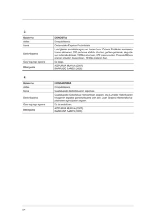 334
3
Udalerria DONOSTIA
Aldea Errepublikanoa
Izena Ondarretako Espetxe Probintziala
Deskribapena
Luis Iglesias sozialista egon zen horren buru. Ordena Publikoko komisario-
tzaren ekimenez, 260 pertsona atxilotu zituzten; gehien-gehienak, segurta-
sun indarreko kideak. 1936ko abuztuan, 472 preso zeuden. Presoak Bilbora
eraman zituzten itsasontzian, 1936ko irailaren 8an.
Gaur egungo egoera Ez dago.
Bibliografia
AIZPURUA MURUA (2007)
BARRUSO BARES (2005)
4
Udalerria HONDARRIBIA
Aldea Errepublikanoa
Izena Guadalupeko Gotorlekuaren espetxea
Deskribapena
Guadalupeko Gotorlekua Hondarribian zegoen, eta Lurralde Historikoaren
hirugarren espetxe garrantzitsuena izen zen. Juan Grajera infanteriako ka-
pitainaren agindupean zegoen.
Gaur egungo egoera Ez da erabiltzen.
Bibliografia
AIZPURUA MURUA (2007)
BARRUSO BARES (2005)
 