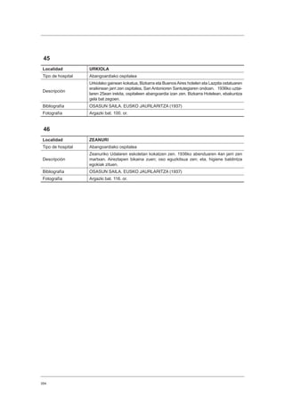 354
45
Localidad URKIOLA
Tipo de hospital Abangoardiako ospitalea
Descripción
Urkiolako gainean kokatua, Bizkarra eta BuenosAires hotelen eta Lazpita ostatuaren
eraikinean jarri zen ospitalea, San Antonioren Santutegiaren ondoan. 1936ko uztai-
laren 25ean irekita, ospitaleen abangoardia izan zen. Bizkarra Hotelean, ebakuntza
gela bat zegoen.
Bibliografía OSASUN SAILA. EUSKO JAURLARITZA (1937)
Fotografía Argazki bat. 100. or.
46
Localidad ZEANURI
Tipo de hospital Abangoardiako ospitalea
Descripción
Zeanuriko Udalaren eskoletan kokatzen zen. 1936ko abenduaren 4an jarri zen
martxan. Aireztapen bikaina zuen; oso eguzkitsua zen; eta, higiene baldintza
egokiak zituen.
Bibliografía OSASUN SAILA. EUSKO JAURLARITZA (1937)
Fotografía Argazki bat. 116. or.
 