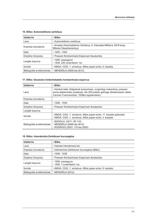 Memoriaren ibilbideak
371
16. Bilbo: Automobilismo zerbitzua
Udalerria - Bilbo
Lana - Automobilismo zerbitzua
Enpresa onuraduna
- Armada (Automobilismo Zerbitzua, 6. Eskualde Militarra. 69 B konp.
Bilboko Departamentua)
Data - 1939 - 1940
Diziplina Gorputza - Presoen Kontzentrazio Esparruen Ikuskaritza
Langile kopurua
- 1938: ezezaguna
- 1939: 226 (urtarrilaren 1a)
Iturriak - AMGA, CGG, 1. armairua, 46bis paper-sorta, 9. karpeta
Bibliografia erreferentziak - MENDIOLA (2009 eta 2012)
17. Bilbo: Deustuko Unibertsitateko kontzentrazio esparrua
Udalerria - Bilbo
Lana
- Hainbat tailer (ibilgailuak konpontzea, zurgindegi mekanikoa, presoen
seme-alabentzako jostailuak, eta 200 jostailu gehiago diktadorearen alaba
Carmen Francorentzat, 1938ko eguberrietan)
Enpresa onuraduna
Data - 1938 - 1939
Diziplina Gorputza - Presoen Kontzentrazio Esparruen Ikuskaritza
Langile kopurua
Iturriak
- AMGA, CGG, 1. armairua, 46bis paper-sorta, 11. karpeta (planoak)
- AMGA, CGG, 1. armairua, 46bis paper-sorta, 3. karpeta
Bibliografia erreferentziak
- BADIOLA, (2011: 95-110)
- MENDIOLA (2009 eta 2012)
- RODRIGO (2003: 119 eta 2005)
18. Bilbo: Intendentzia Zerbitzuen buruzagitza
Udalerria - Bilbo
Lana - Hainbat intendentzia lan
Enpresa onuraduna - Intendentzia Zerbitzuen buruzagitza (Bilbo)
Data - 1938 - 1939
Diziplina Gorputza - Presoen Kontzentrazio Esparruen Ikuskaritza
Langile kopurua
- 1938: ezezaguna
- 1939: 1 (urtarrilaren 1a)
Iturriak - AMGA, CGG, 1. armairua, 46bis paper-sorta, 9. karpeta
Bibliografia erreferentziak - MENDIOLA (2012).
 